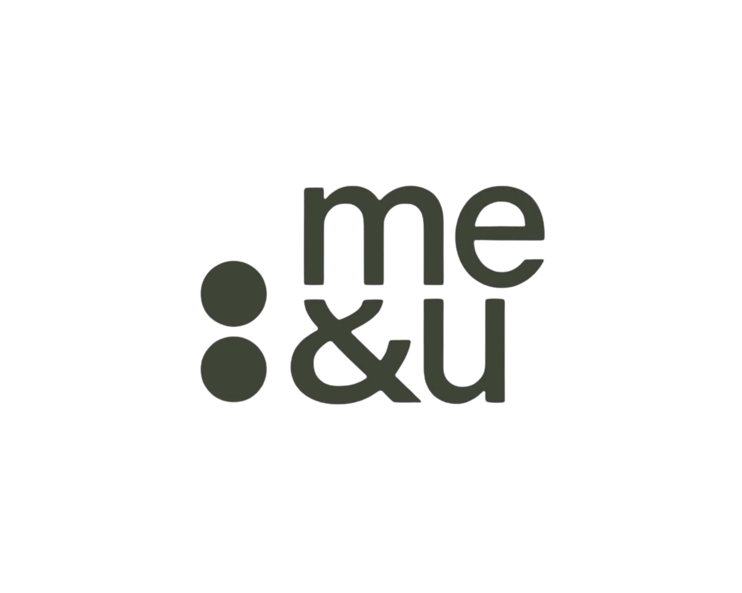 Graphic logo with two dark gray dots, the words 'me' and 'u' in lowercase, and an ampersand in between, all arranged vertically with the 'u' at the bottom, set against a black background with a red accent.
