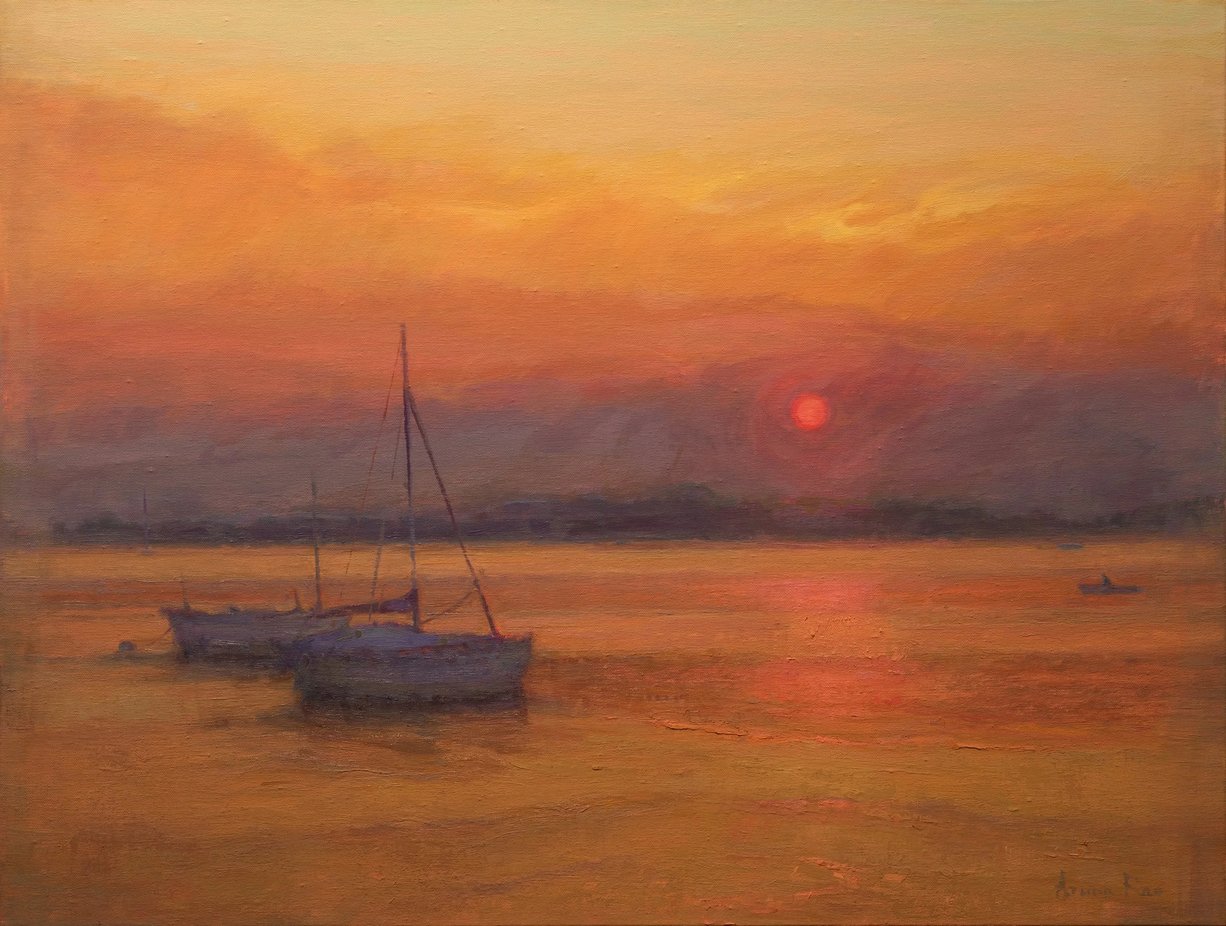 Oil painting of anchored sailboats at sunset in a quiet harbor, with soft amber and crimson light reflecting across calm water under a hazy winter sky.