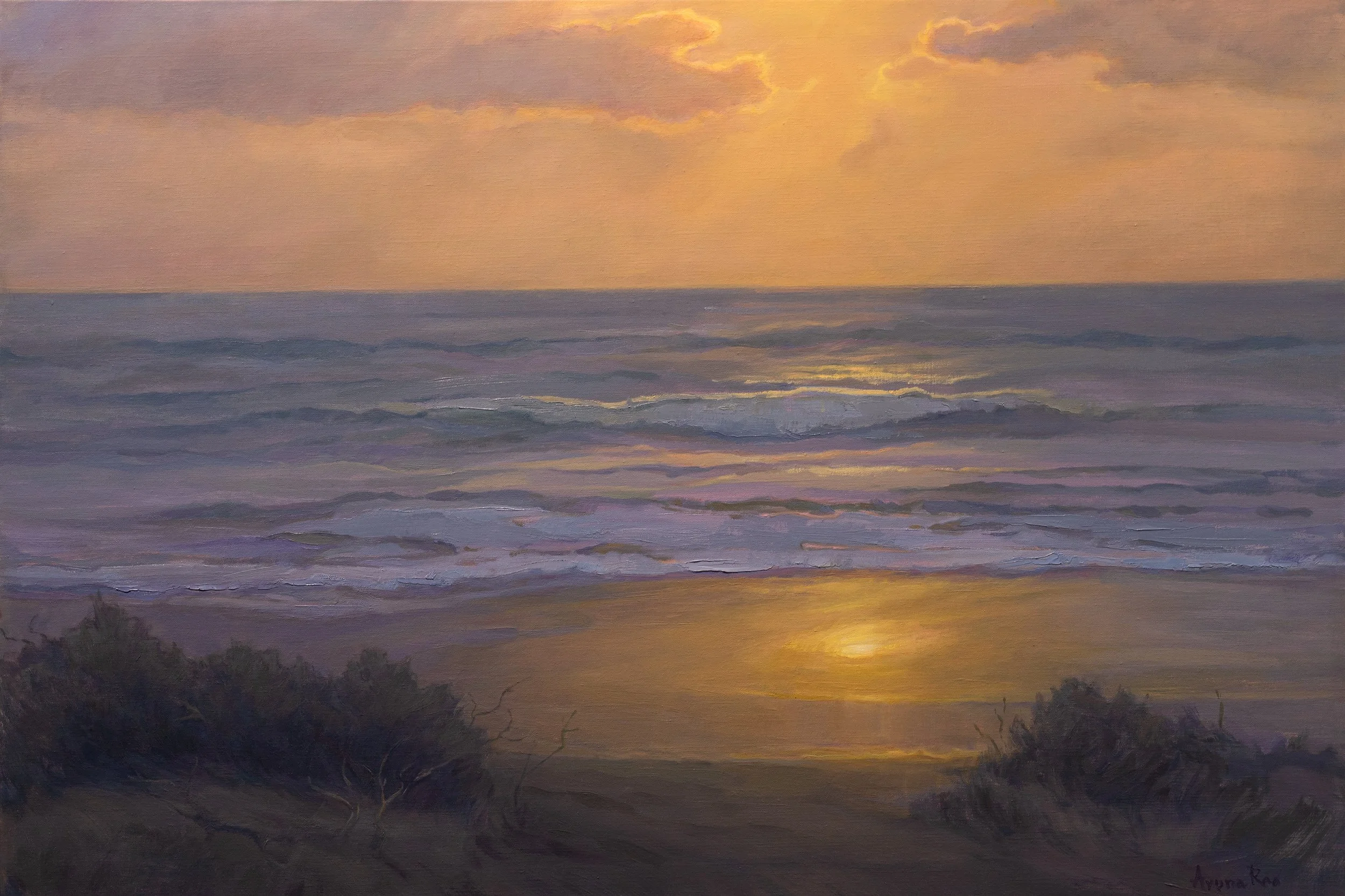 Golden light pools along the shore, shifting from broken glints across the waves into a quieter reflection on the wet sand.

A study in how light changes as it travels: diffused through warm vaporous clouds, textured and fragmented at sea, smooth and
