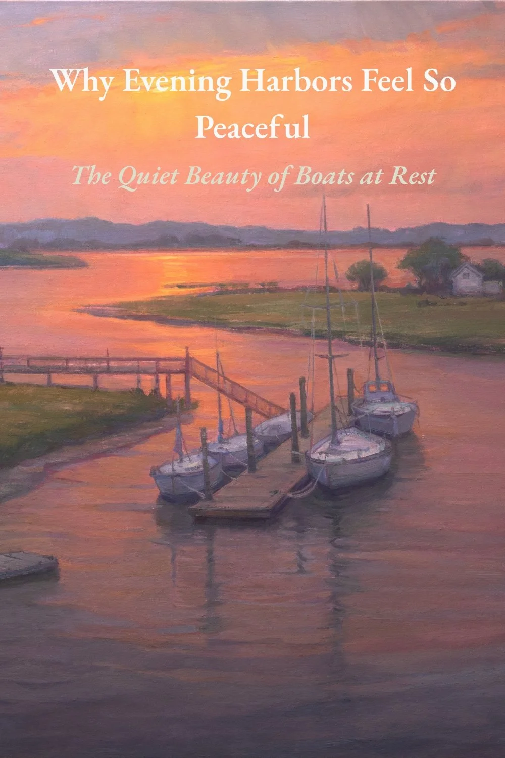 Evening Tethers, a 30 × 40 inch oil painting of sailboats moored in a peaceful coastal harbor at sunset, with warm reflections and soft evening light.