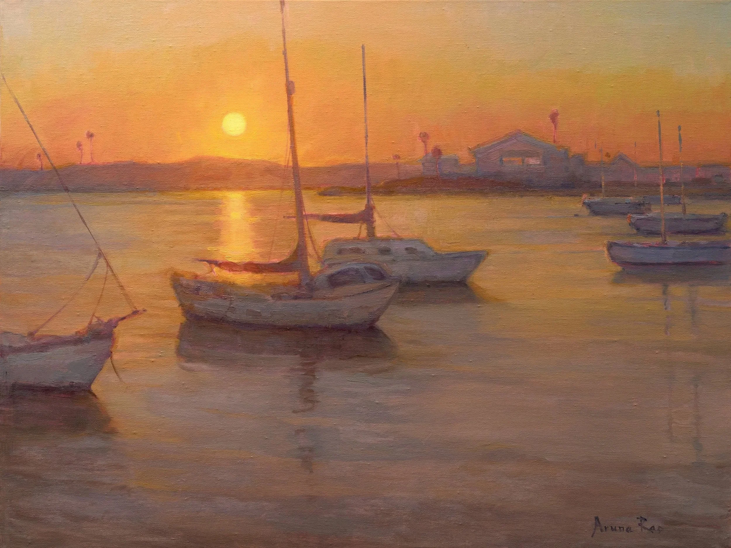 Oil painting of sailboats moored in a calm harbor at sunrise with warm golden light reflecting across still water, soft atmospheric sky, and distant shoreline structures under hazy morning light.