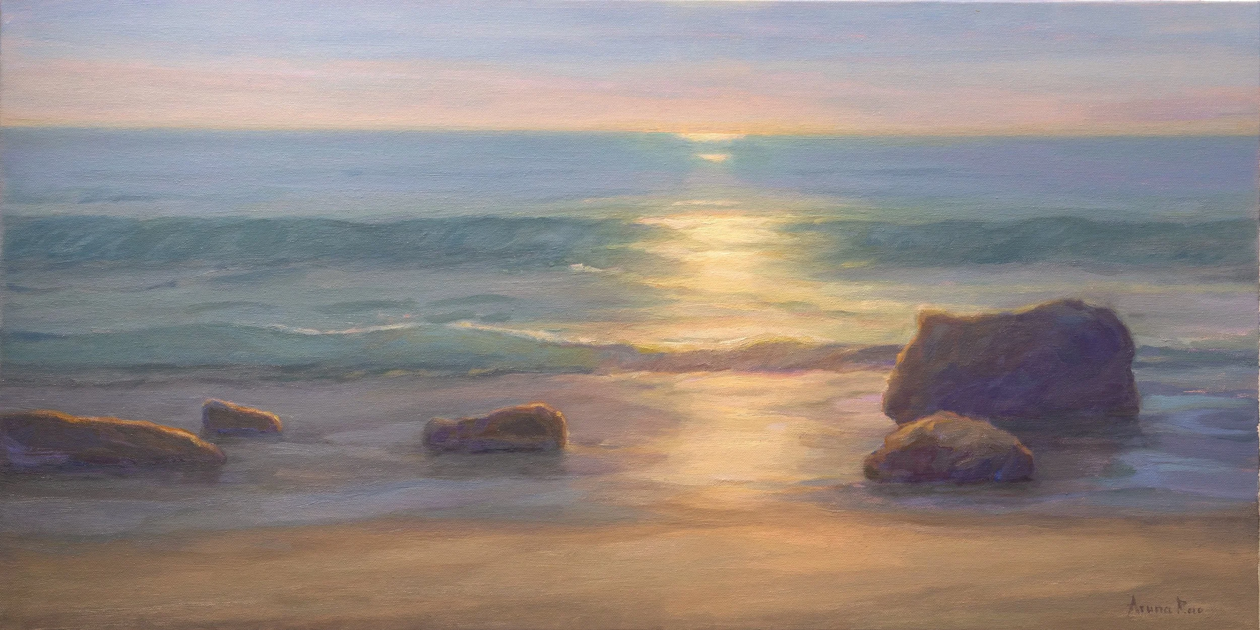 Oil painting of silver coastal light reflecting across shallow ocean water at dusk, with soft waves rolling toward shore, glowing atmospheric shimmer, and dark rocks anchored along a pastel beach beneath a muted horizon.
