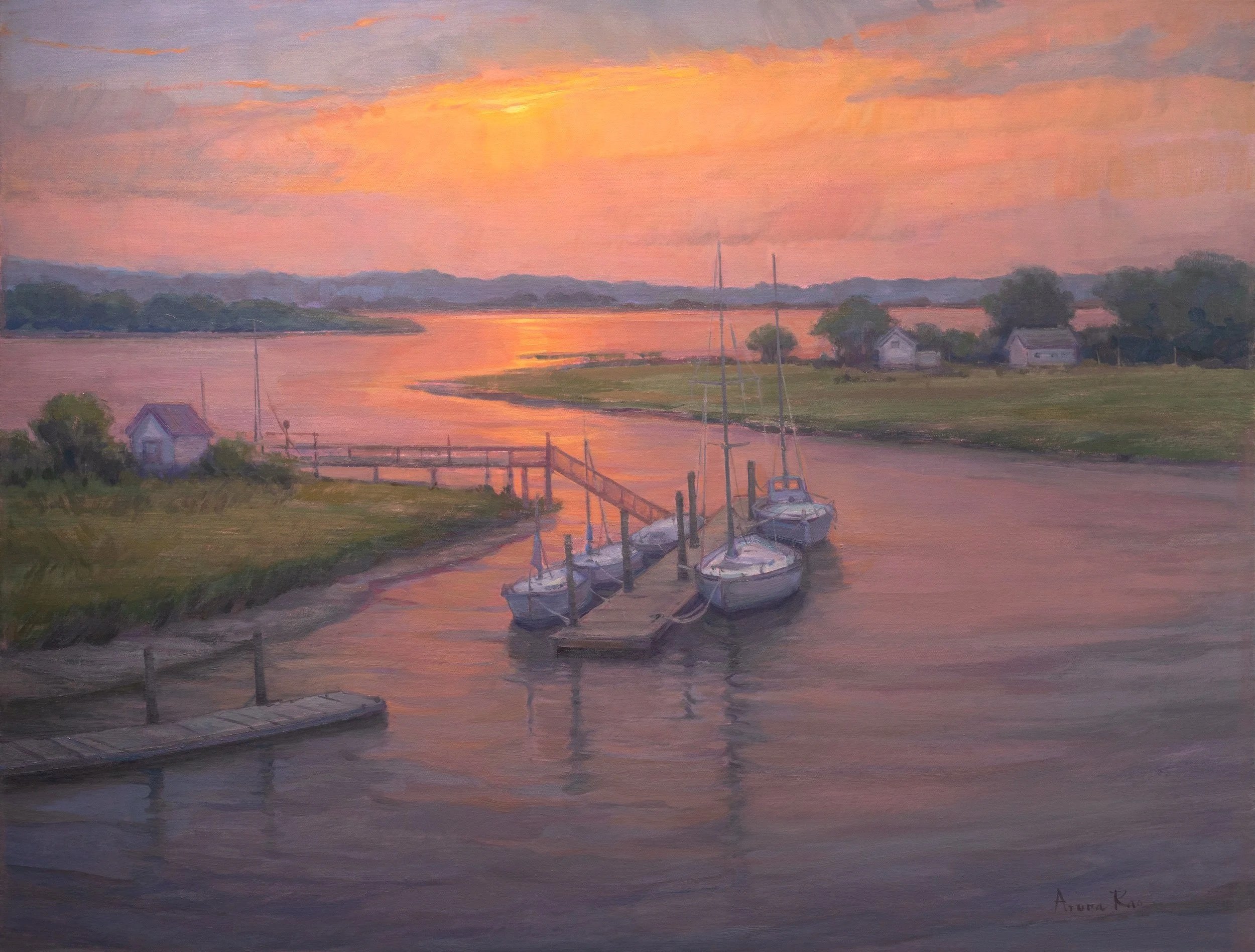 Evening harbor painting of Amelia Island in Florida with docked sailboats, warm sunset reflections, and shimmering coastal water under a luminous peach and lavender sky. 