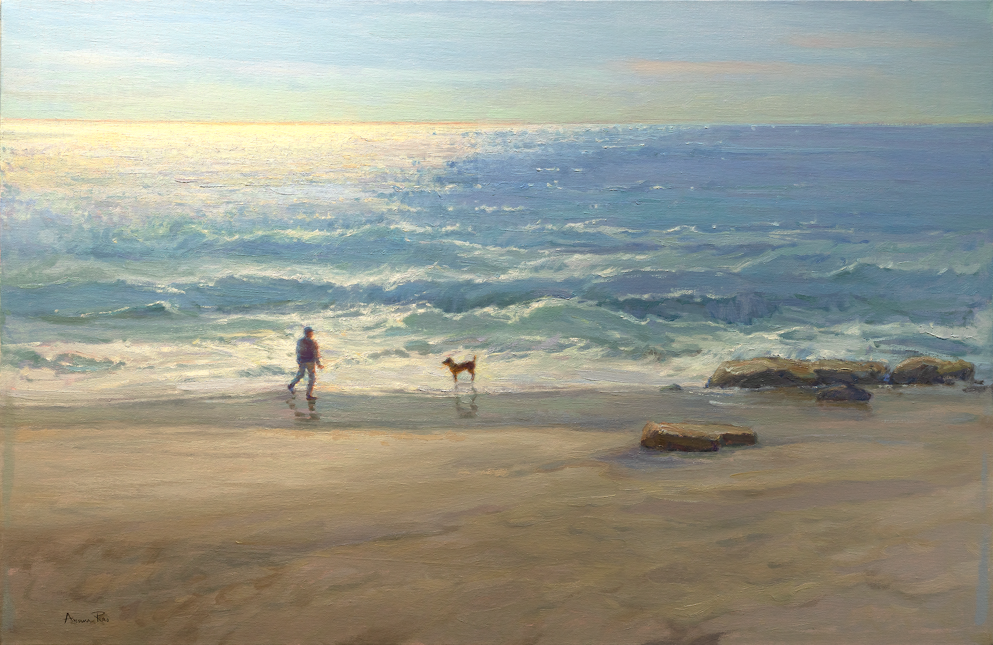 Oil painting of a figure and dog walking along a beach with shimmering light reflecting on ocean waves, textured water in motion, and a soft horizon under a luminous coastal sky.