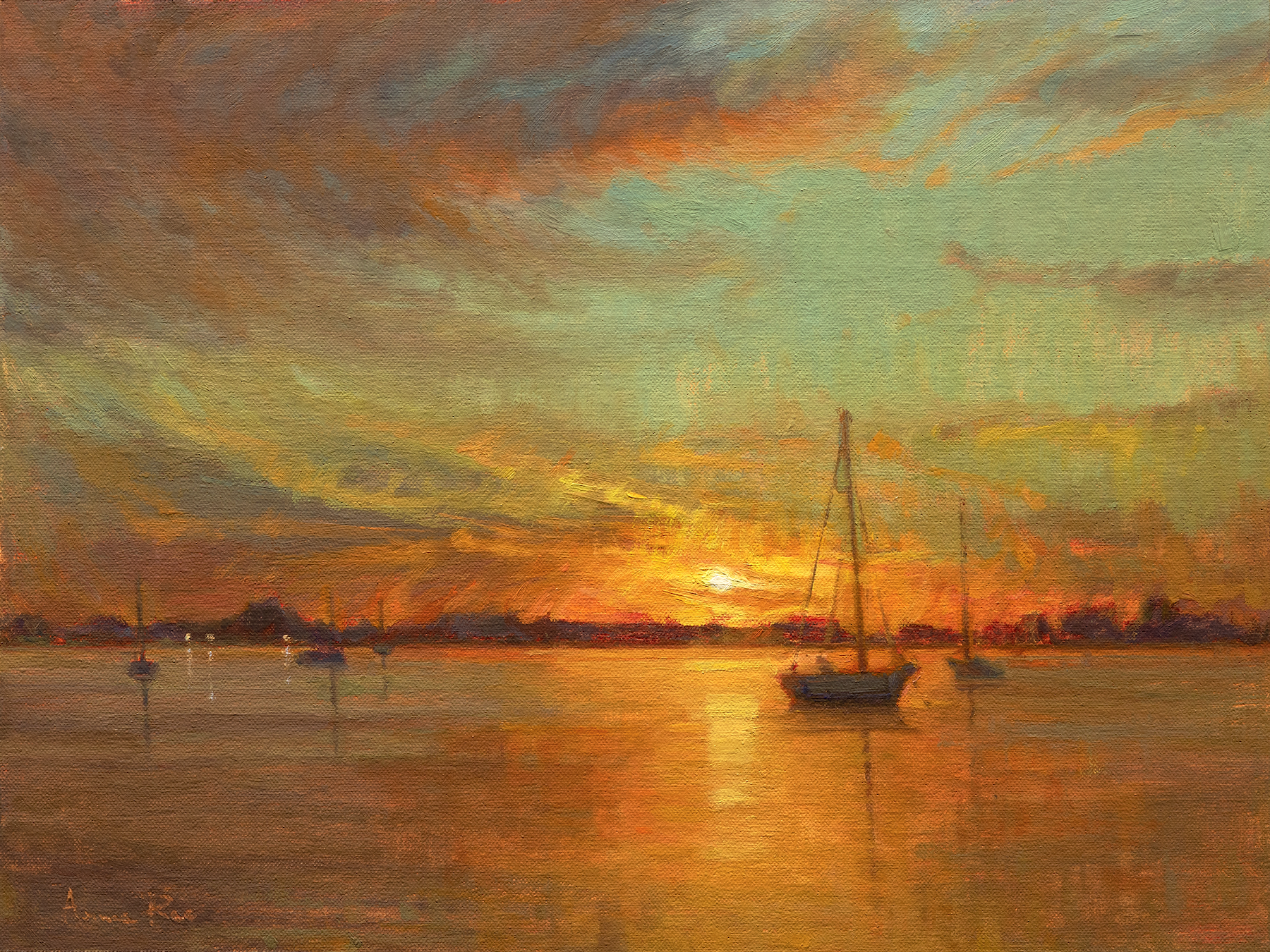 Coastal Oil Painting of Golden Harbor during sunset by Aruna Rao sold on 1stDibs
