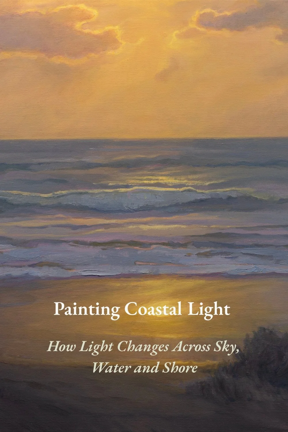 Where the Light Settles, coastal oil painting by Aruna Rao, with luminous golden sunset light reflecting across ocean waves and wet sand.