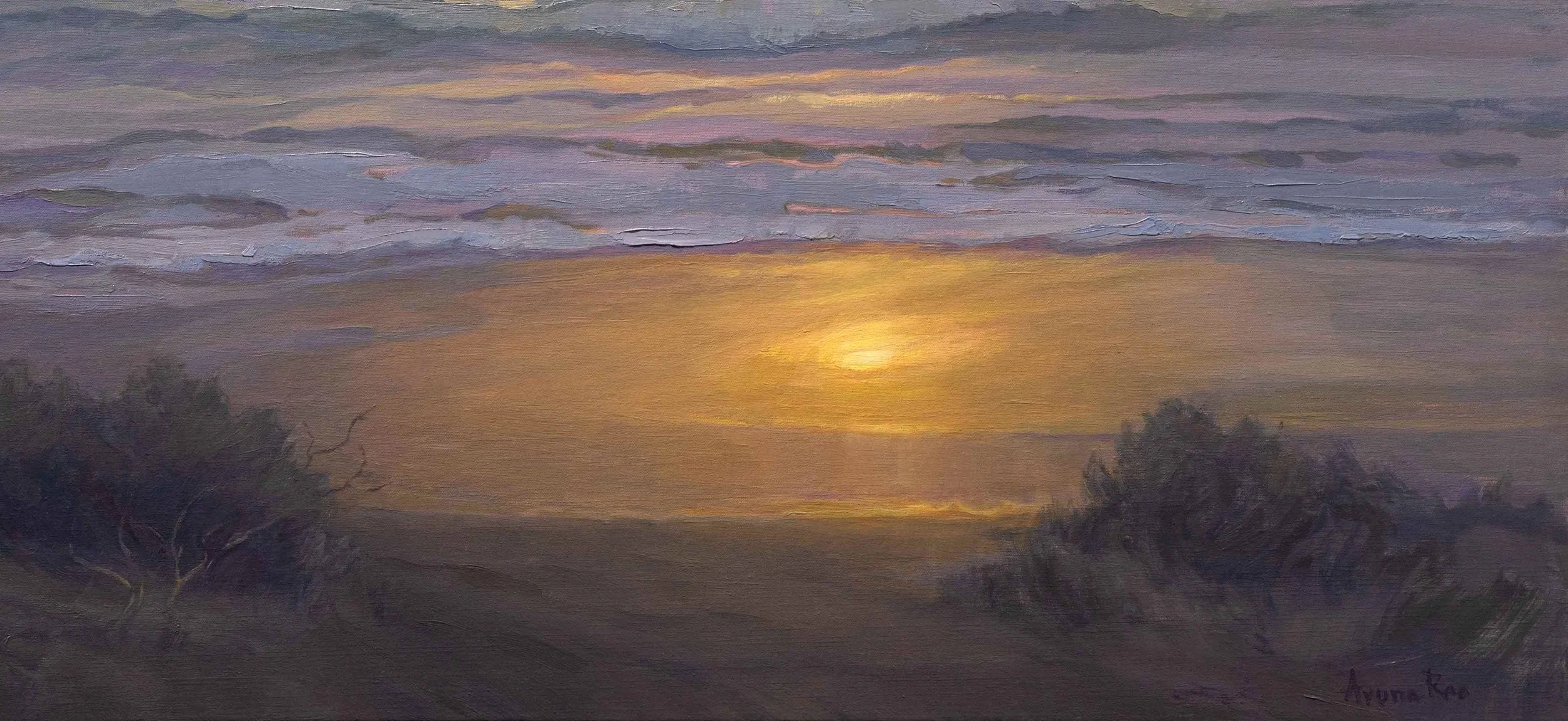 Golden light reflected on wet sand in coastal oil painting