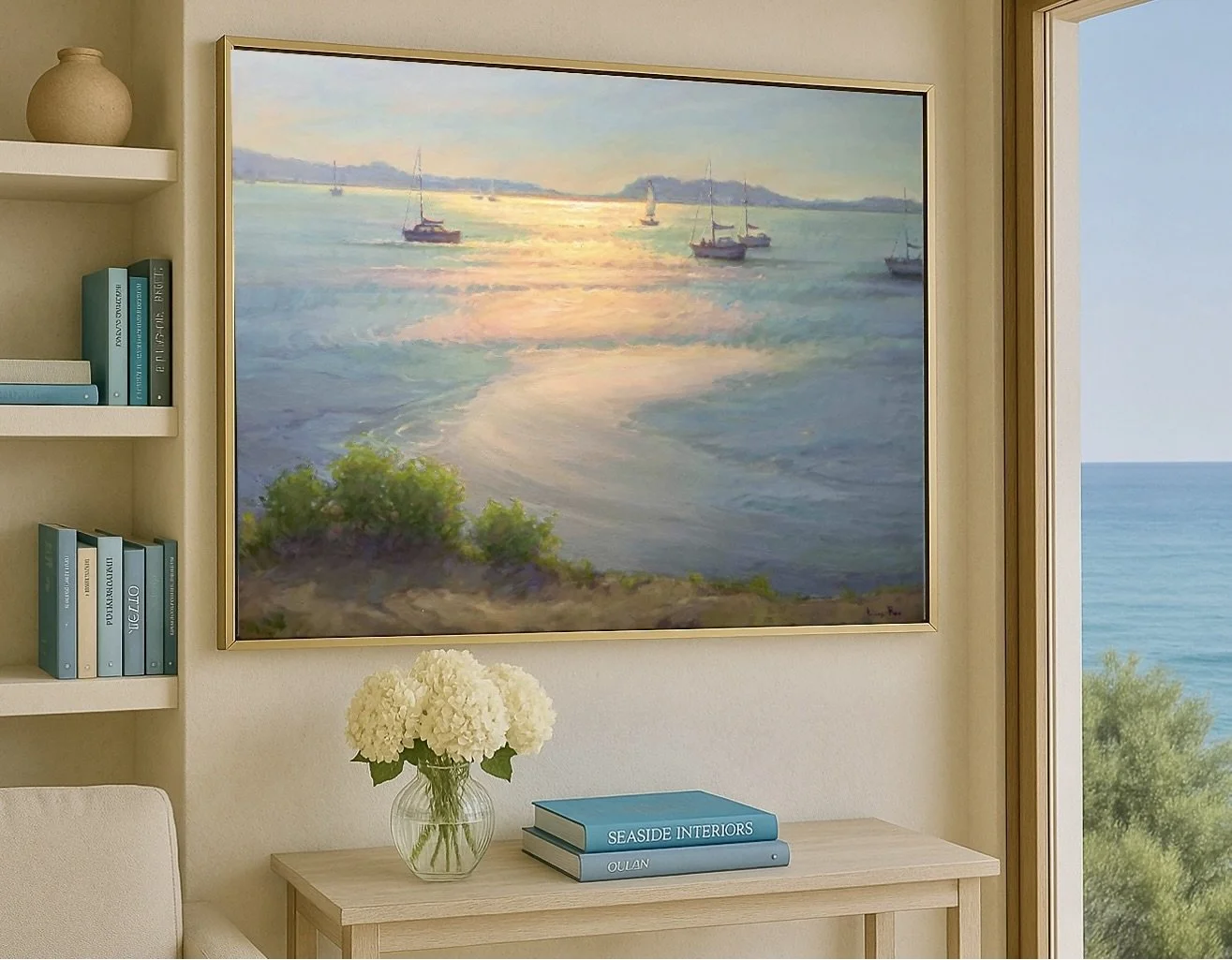 That Summer Feeling Coastal Painting Staged in elegant coastal interiors with an ocean view