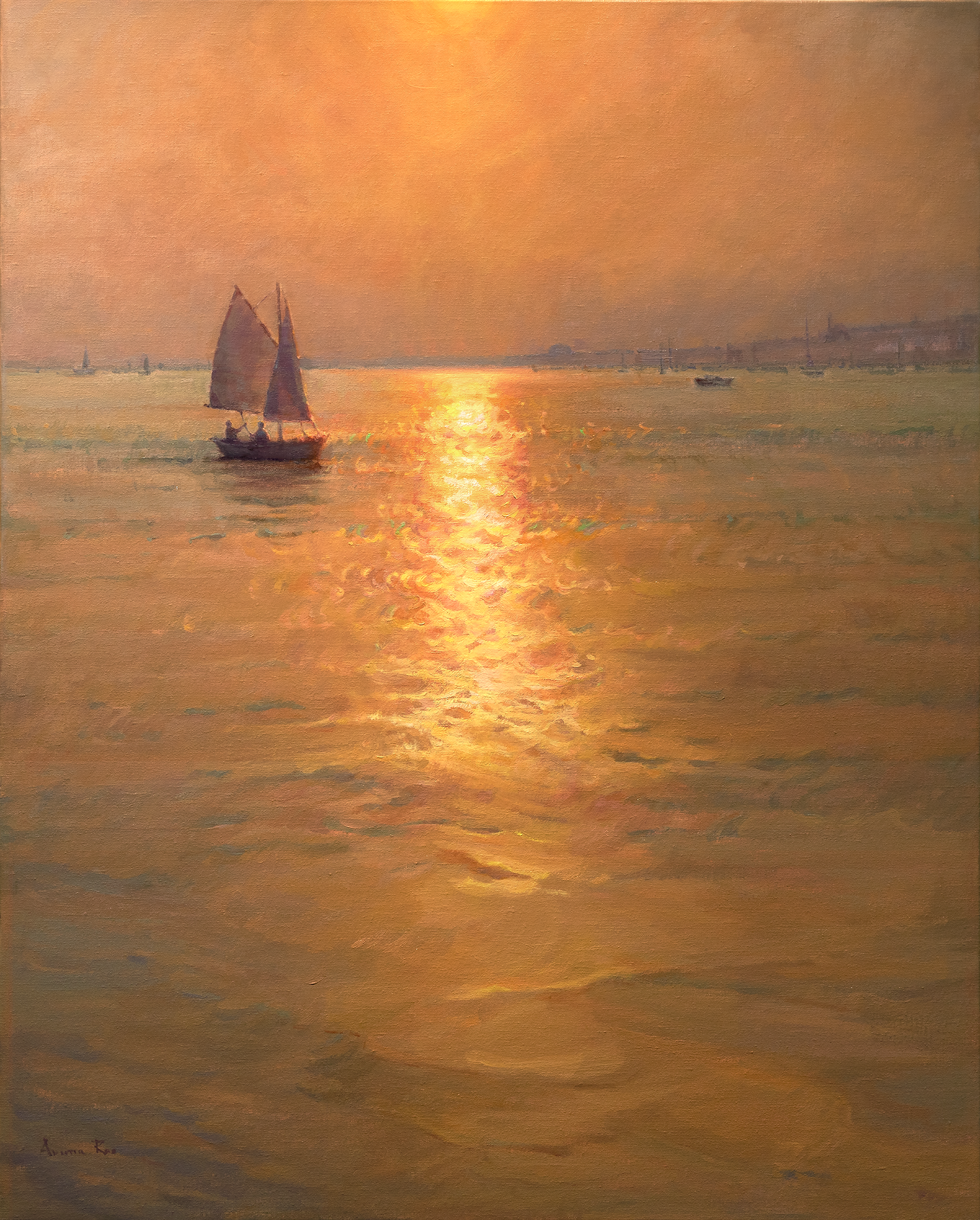 Oil painting of a sailboat gliding across shimmering golden water under radiant evening light, with a strong vertical reflection path and expansive sky filled with warm atmospheric glow.