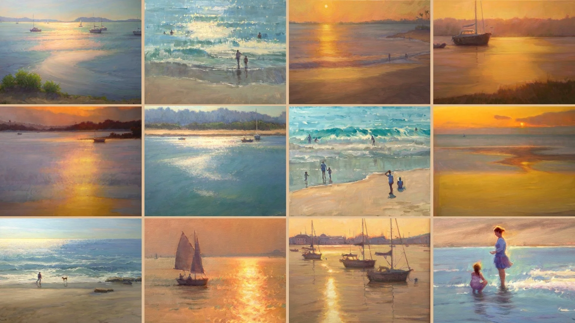 Grid of coastal oil paintings from the Shimmer Series showing luminous reflections on ocean water, sailboats, shoreline figures, and atmospheric coastal light at sunrise and sunset.
