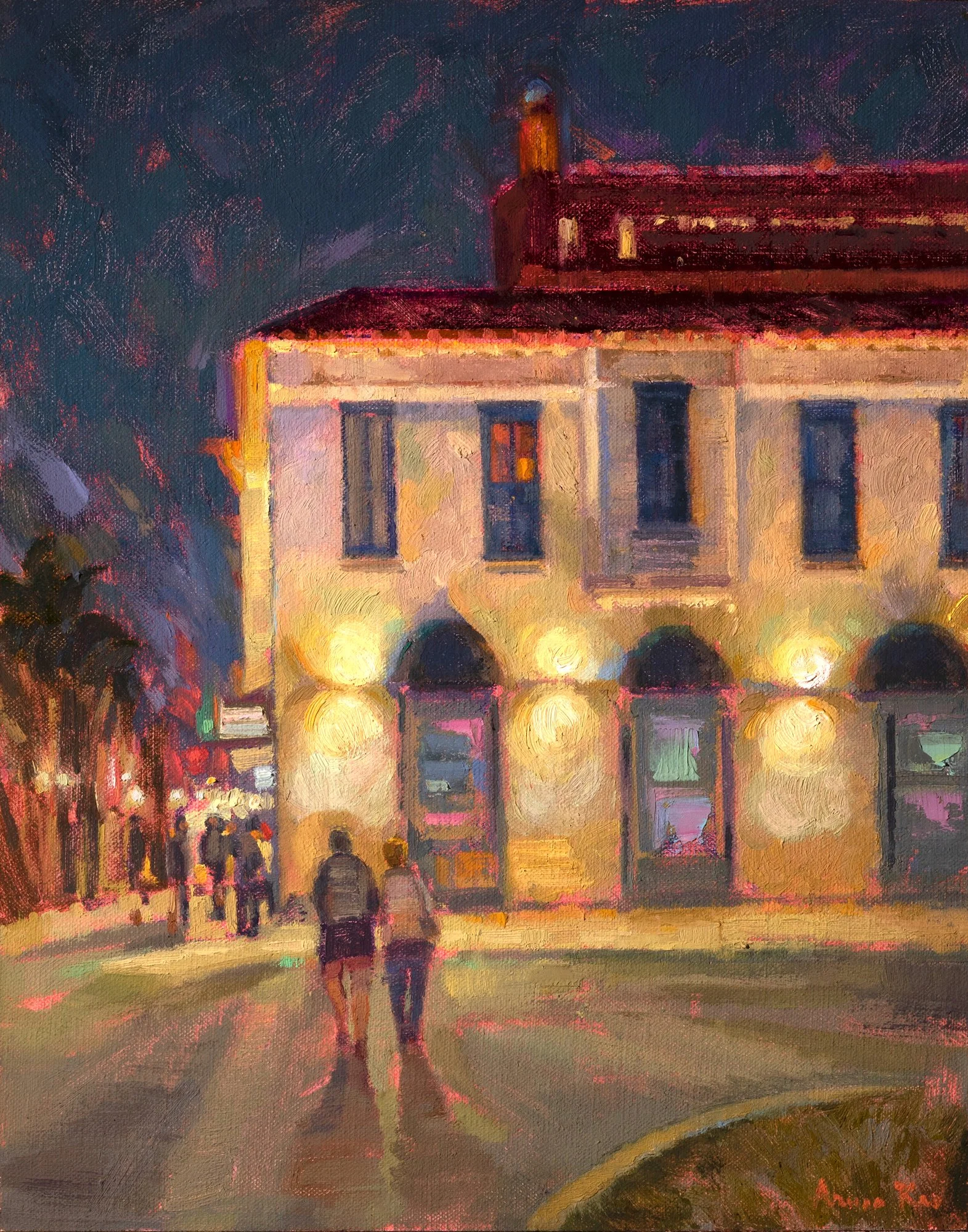 Nocturne painting of city lights inspired by 'Nights of Lights' holiday season celebrated in St. Augustine, Florida