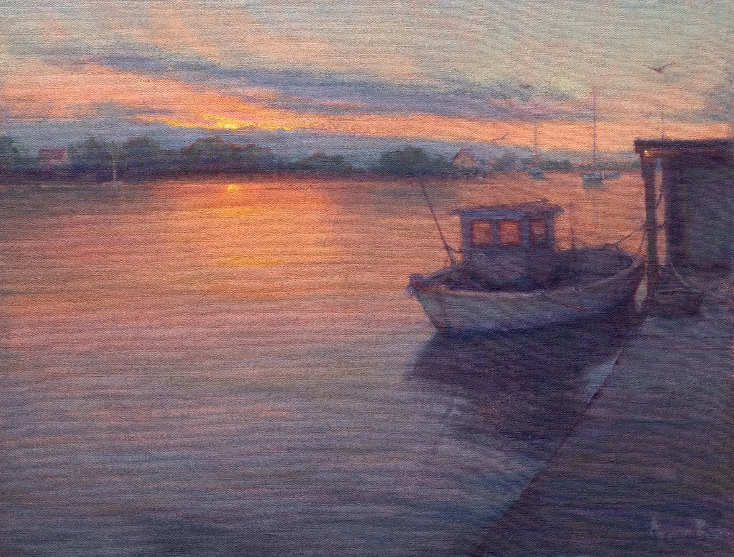 Oil painting of a solitary fishing boat moored beside a dock at dusk, with warm sunset light reflecting across calm harbor water and soft blue-violet atmospheric clouds overhead.