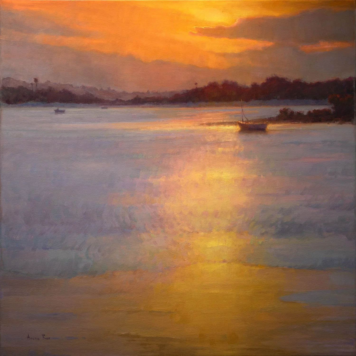Sold through Modern Masters Gallery, Charleston — oil painting of a luminous coastal sunset with golden light dissolving across silvery lavender water, featuring a quiet sailboat near the shoreline and distant tree silhouettess.