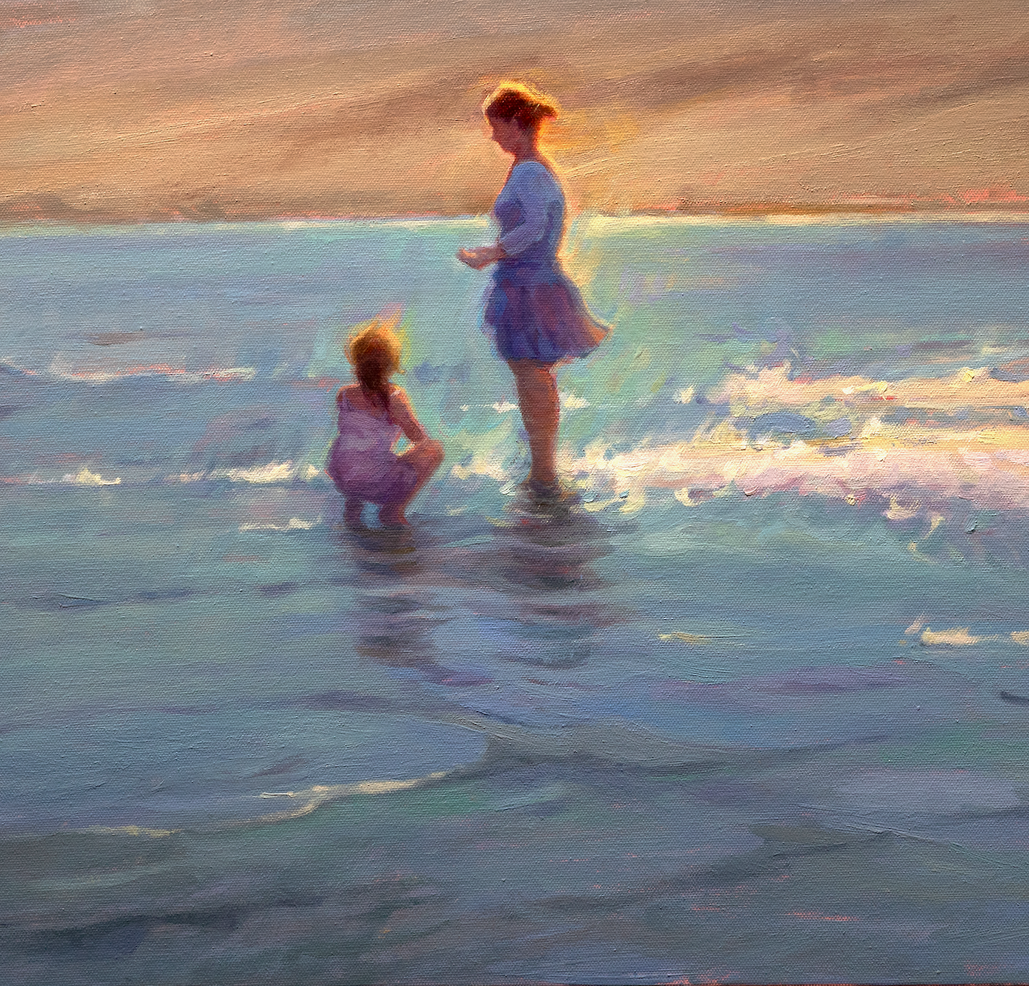 Detail of Walking on Sunshine by Aruna Rao, impressionist seascape oil painting showing luminous brushwork, figures in the water, and shimmering coastal light.