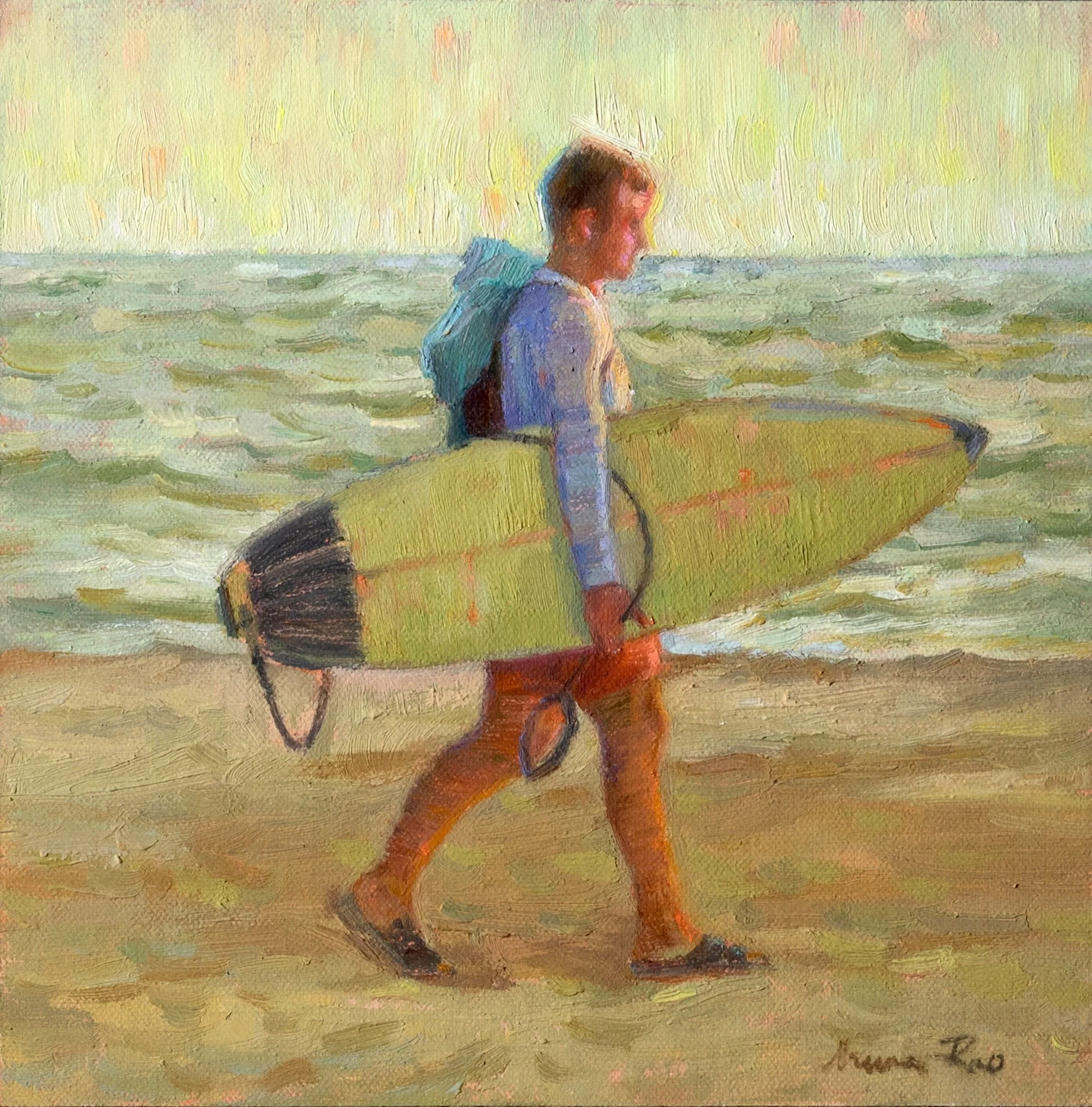 Oil painting of a surfer at sunset on a beach