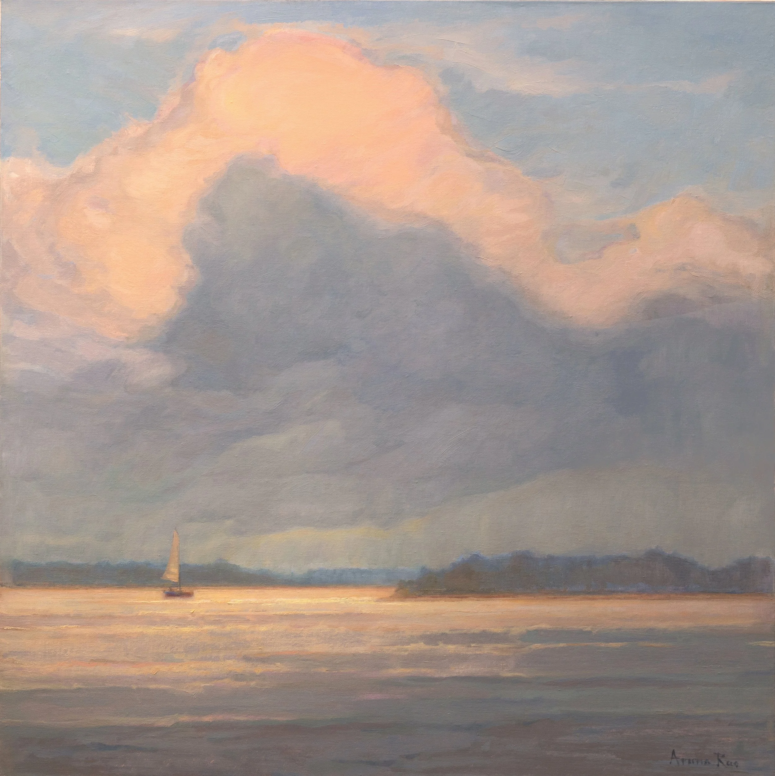 Oil painting of voluminous cloud floating over a luminous body of water with a sailboat drifting through the shimmer.