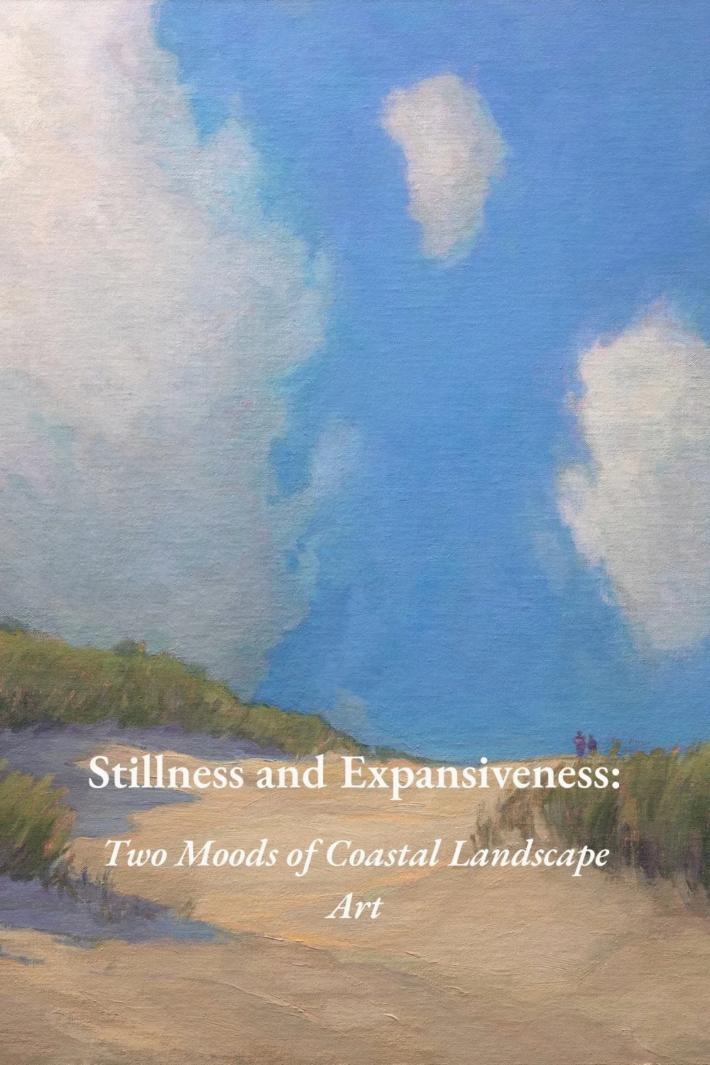 Monumental clouds rise above sunlit coastal dunes, their luminous forms unfolding against a deep blue summer sky. Two distant figures wander through the grasses, lending a human scale to the vastness overhead.