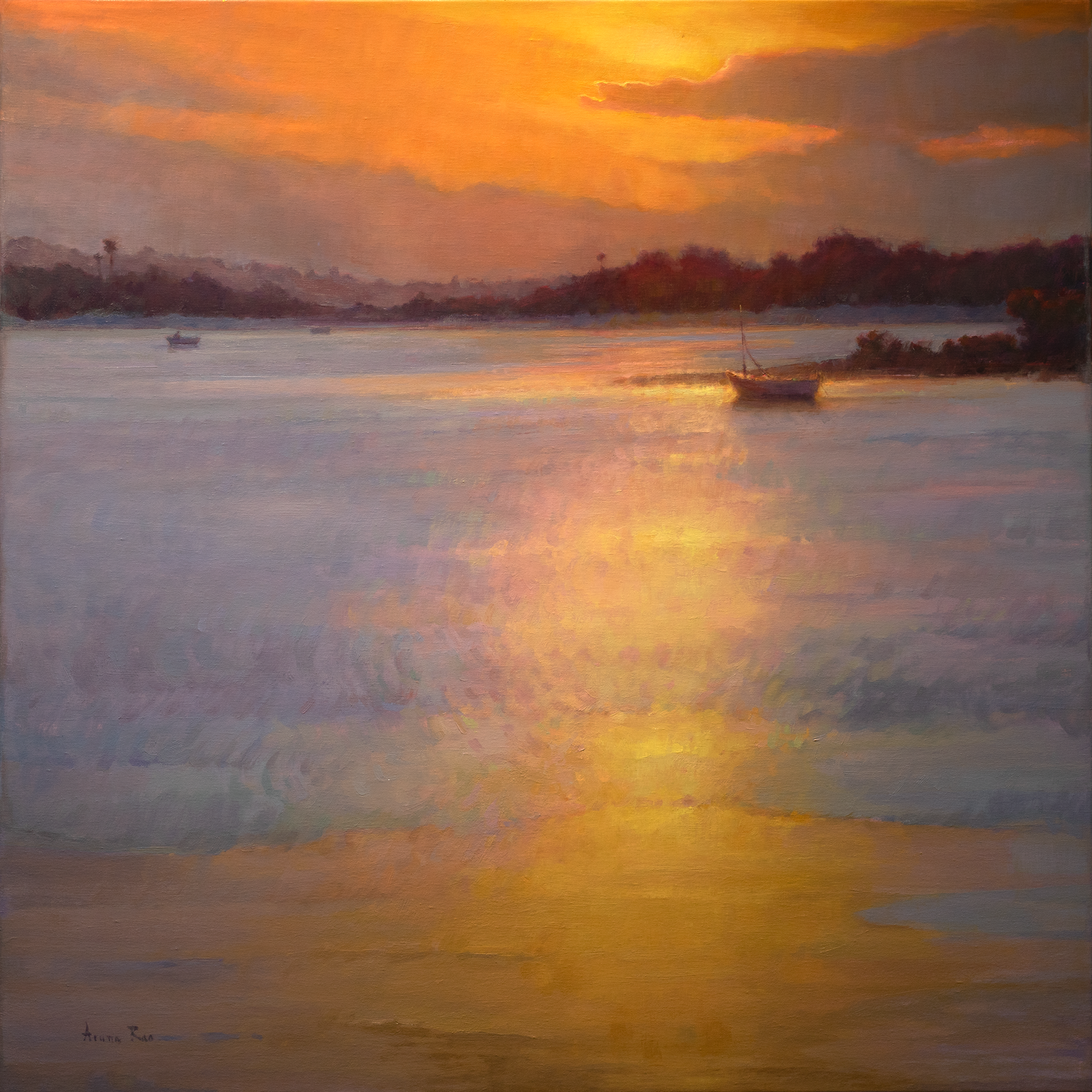 Oil painting of a luminous golden reflection stretching across still water beneath a dramatic sky, with distant shoreline and soft atmospheric transitions between warm and cool tones.