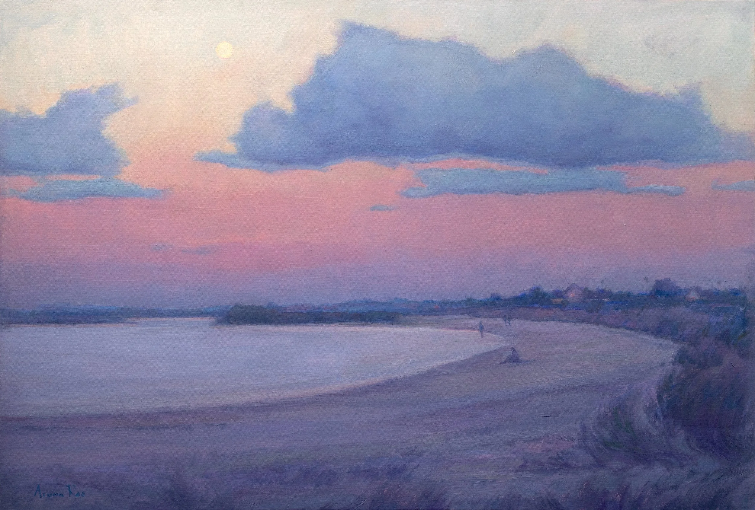 Stay Until Moonrise is an atmospheric coastal oil painting by Aruna Rao, capturing a quiet beach at twilight beneath violet-blue clouds and a rising moon.