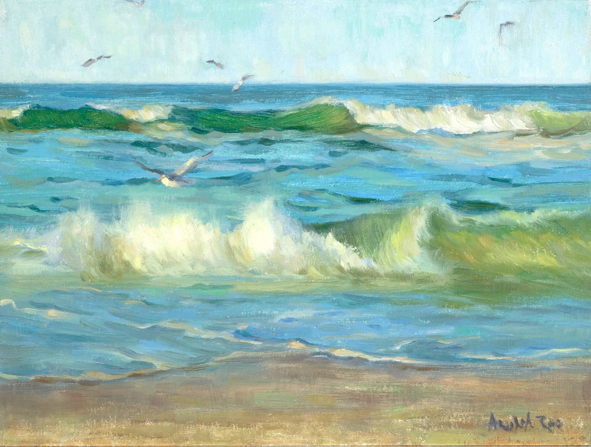 Oil Painting of turquoise ocean with gulls