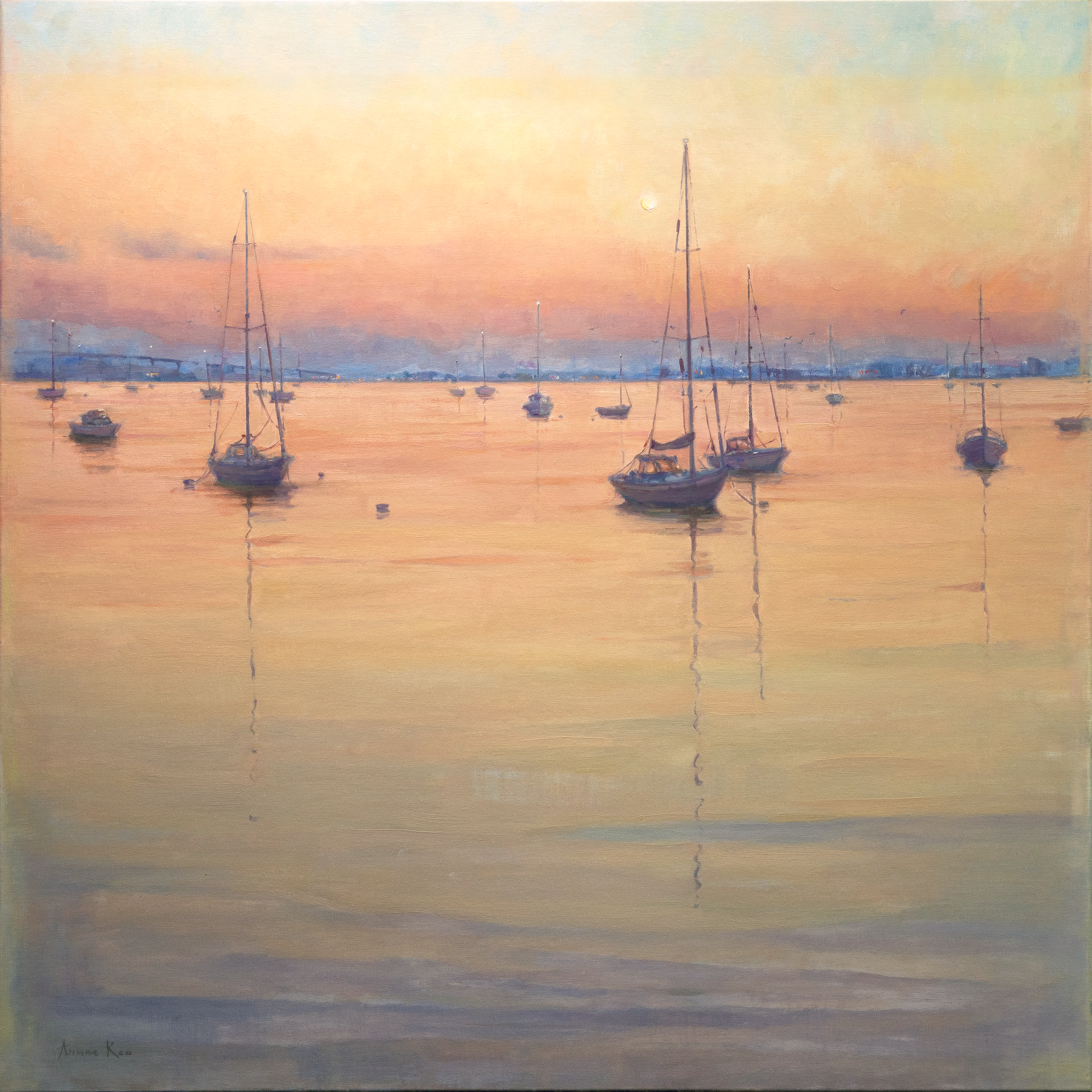 Oil painting of a harbor at dawn with anchored boats reflecting rose and purple light on calm water, with soft atmospheric sky and shoreline in the distance. Collected for Mariner Sands Country Club, Stuart, Florida.