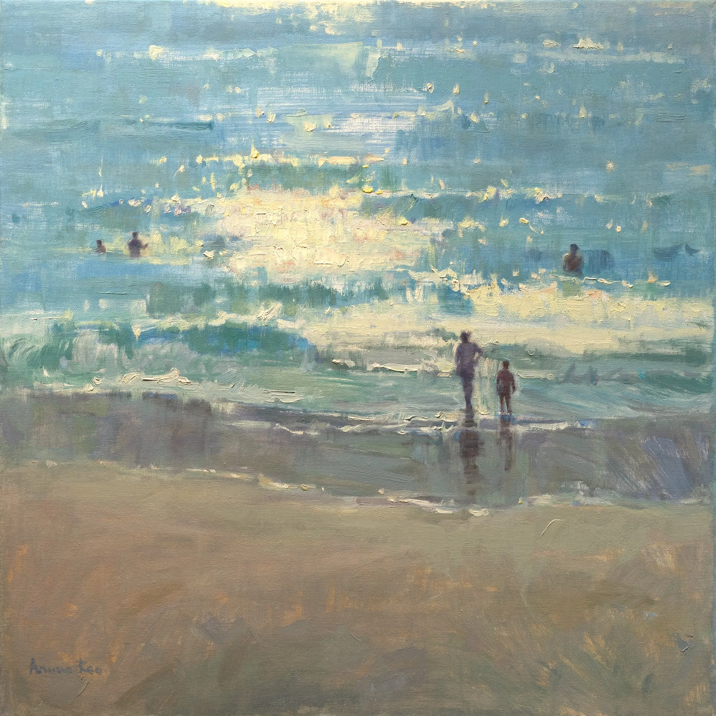 Atlantic Silver by Aruna Rao, impressionist coastal seascape oil painting with figures on the beach and early morning silver shimmer across the Atlantic waves.
