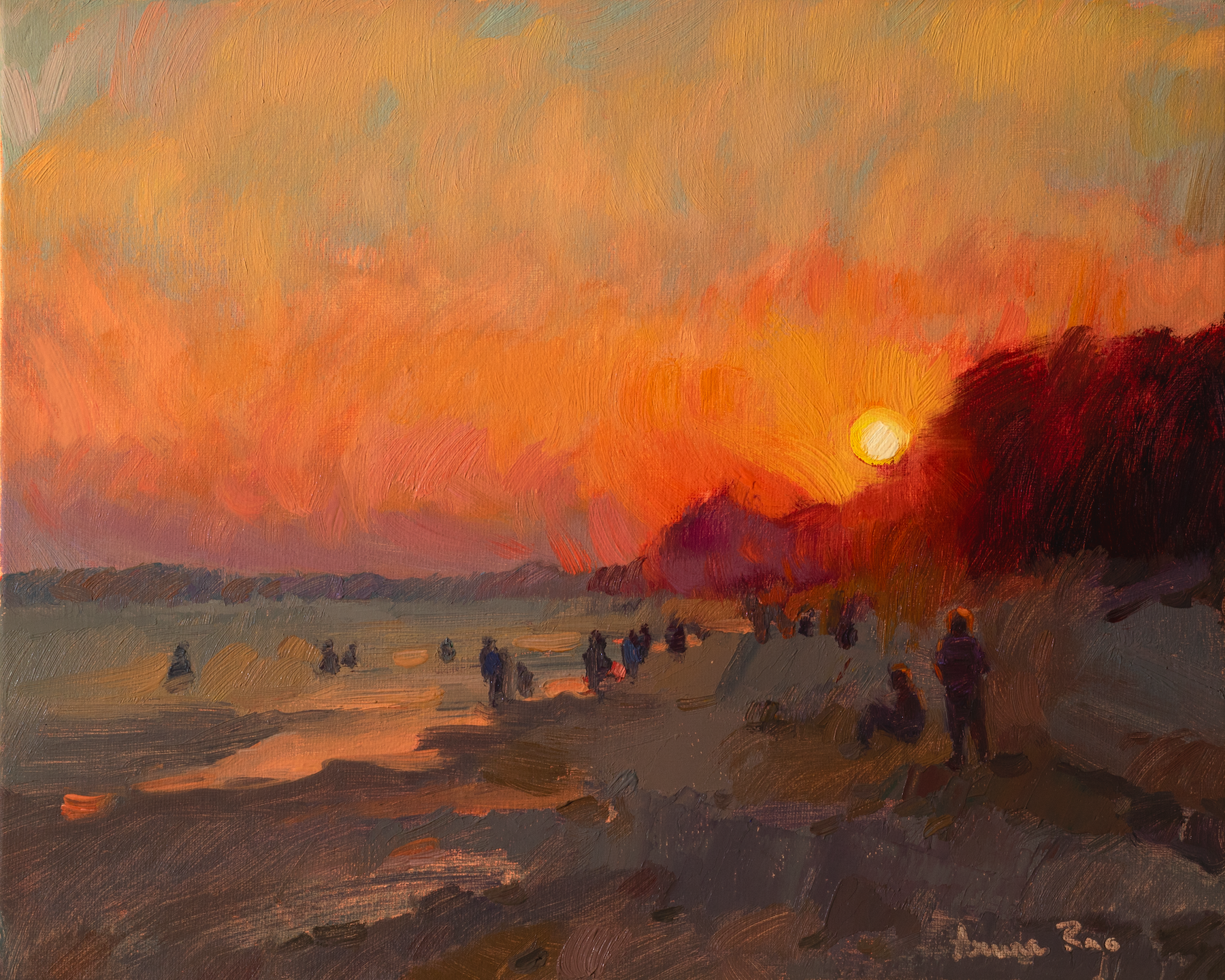 Painting of a sunset over a beach with silhouettes of people walking and sitting near the shoreline, with vibrant orange, yellow, and red sky and dark foreground.