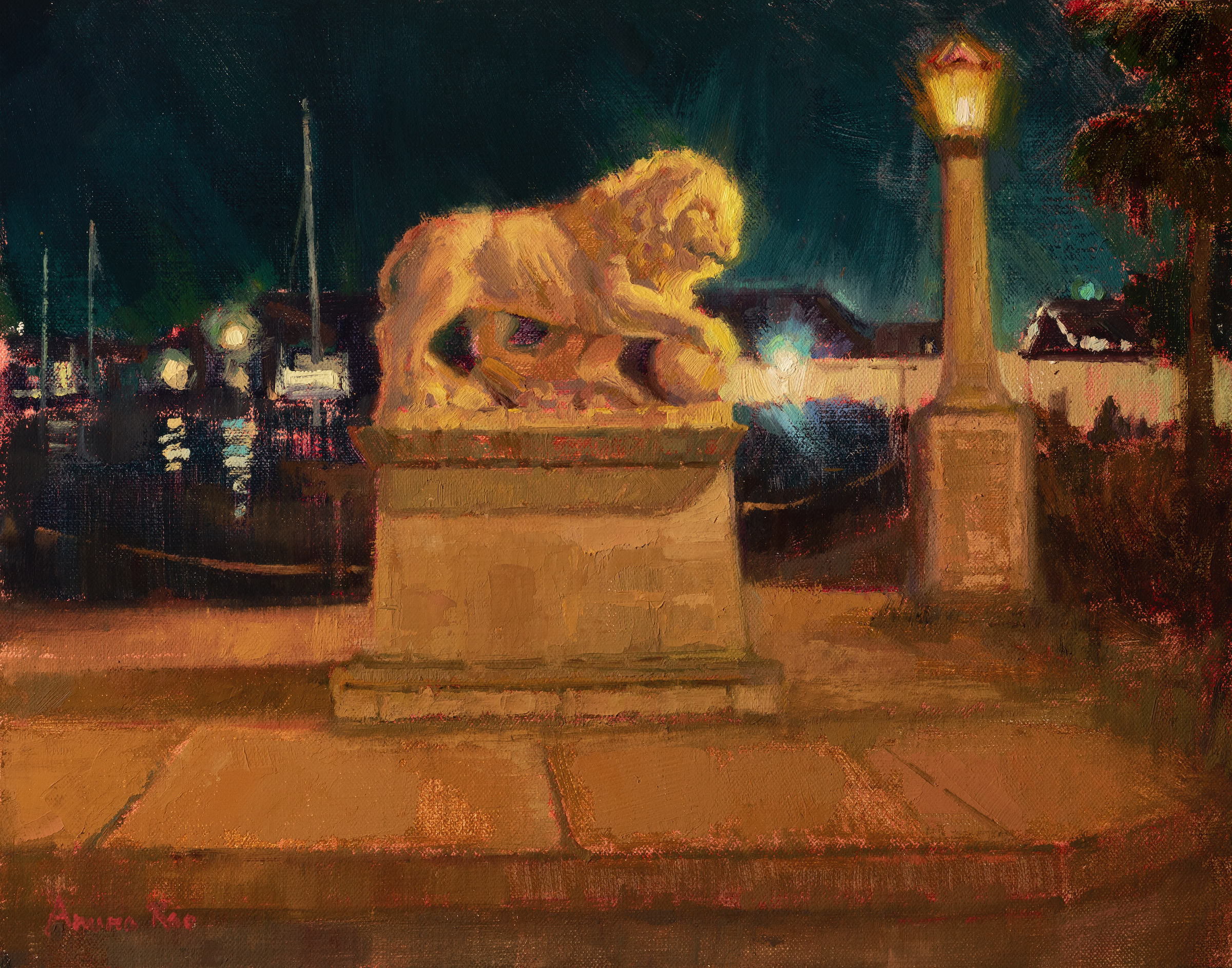 Nocturne Painting of the Iconic Bridge of Lions in Saint Augustine Florida. Sold through Lost Art Gallery