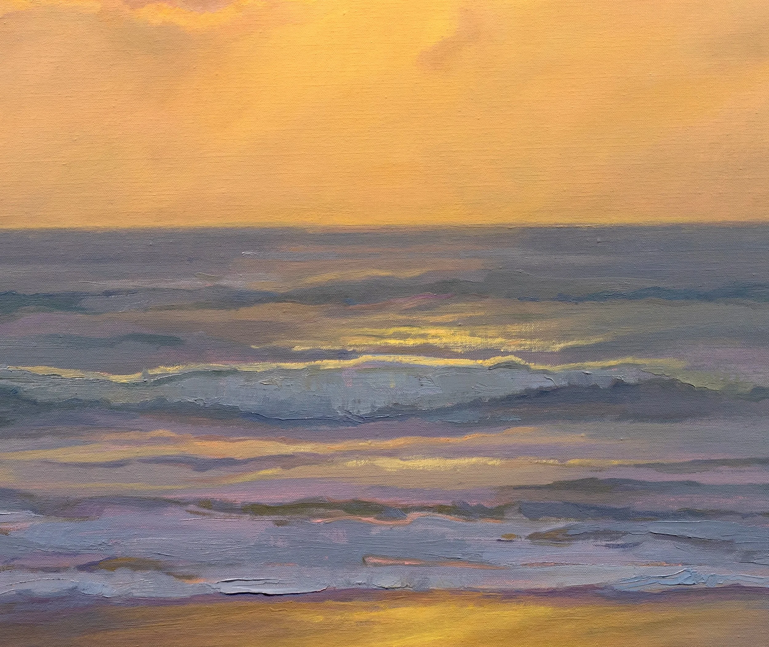 Ocean waves and fractured golden light in coastal oil painting