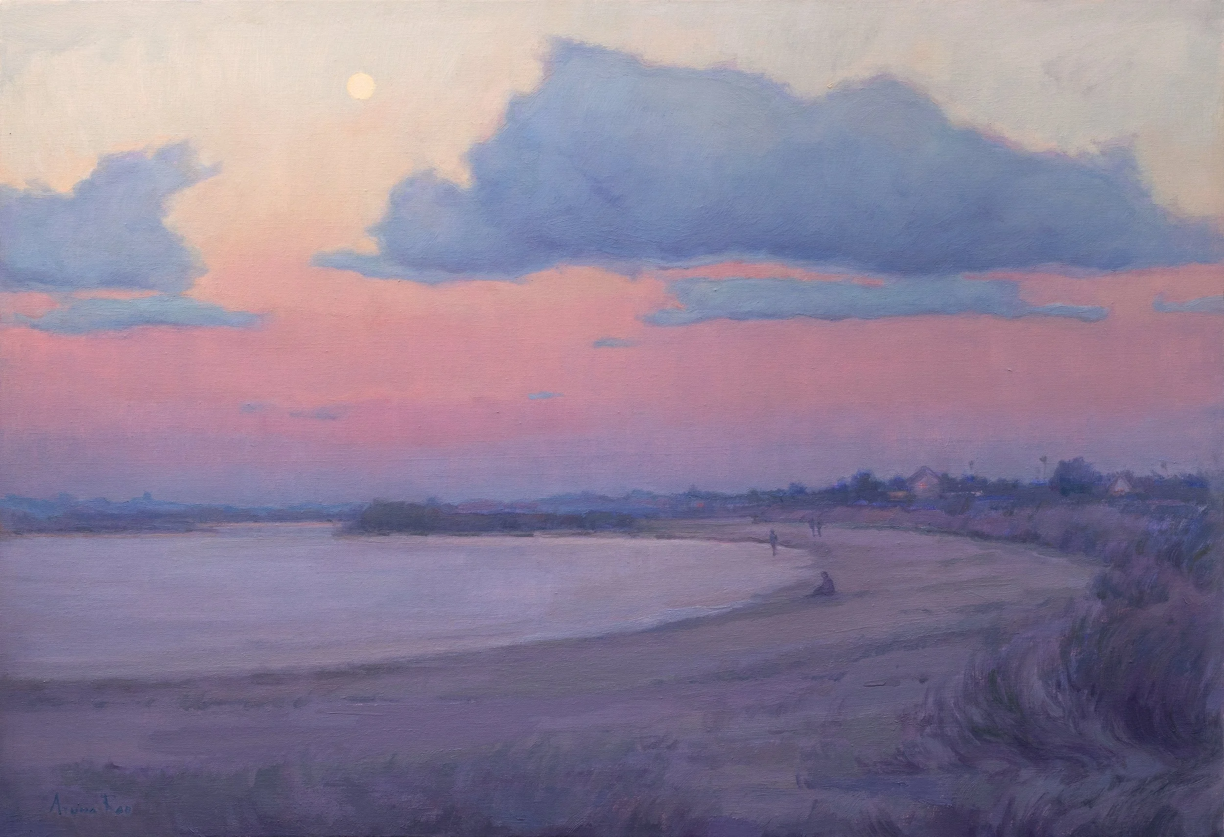 Stay Until Moonrise is an atmospheric coastal oil painting by Aruna Rao, capturing a quiet beach at twilight beneath violet-blue clouds and a rising moon.