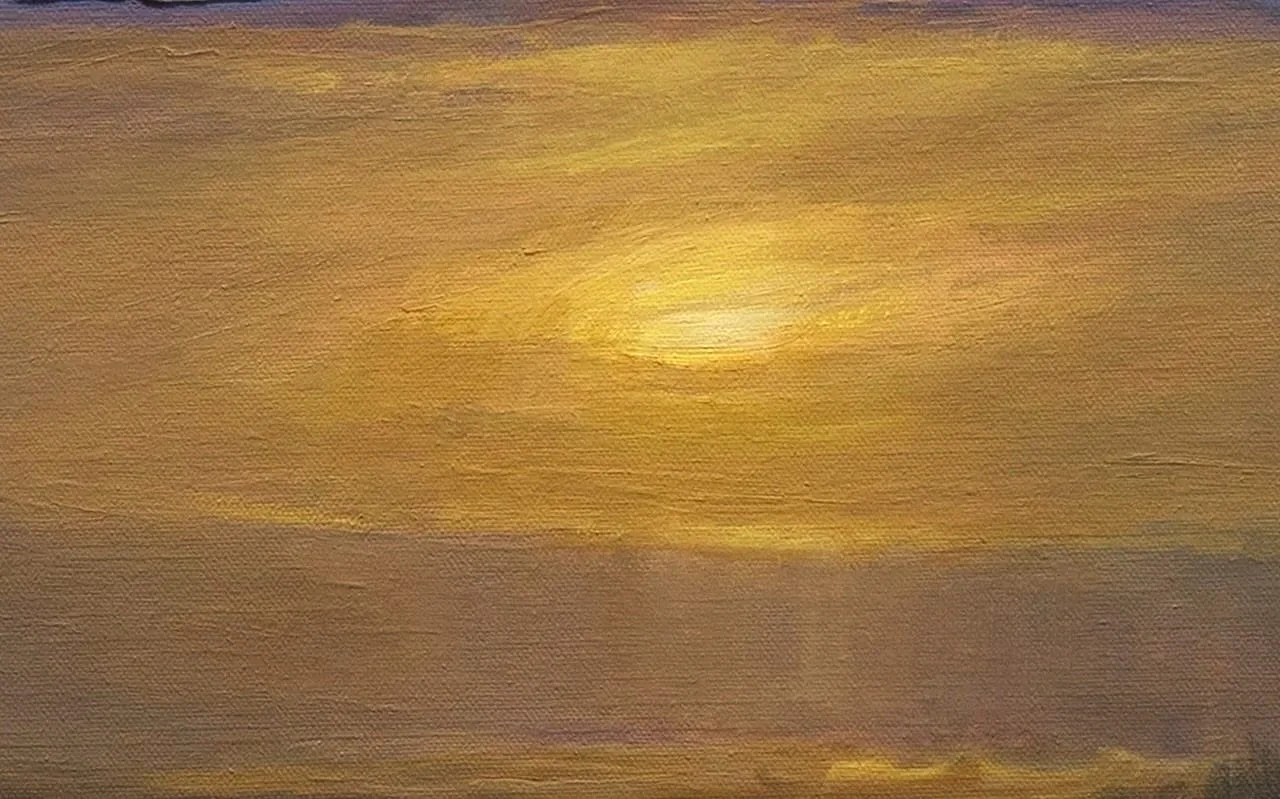 Pool of golden light reflected onto wet shore in coastal oil painting