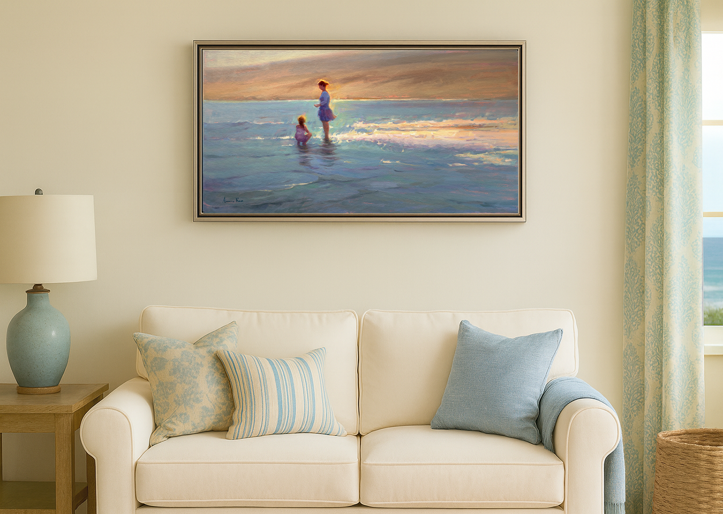 Room view of Walking on Sunshine by Aruna Rao, impressionist coastal seascape oil painting of a woman and child with shimmering light on the ocean displayed in an elegant interior.