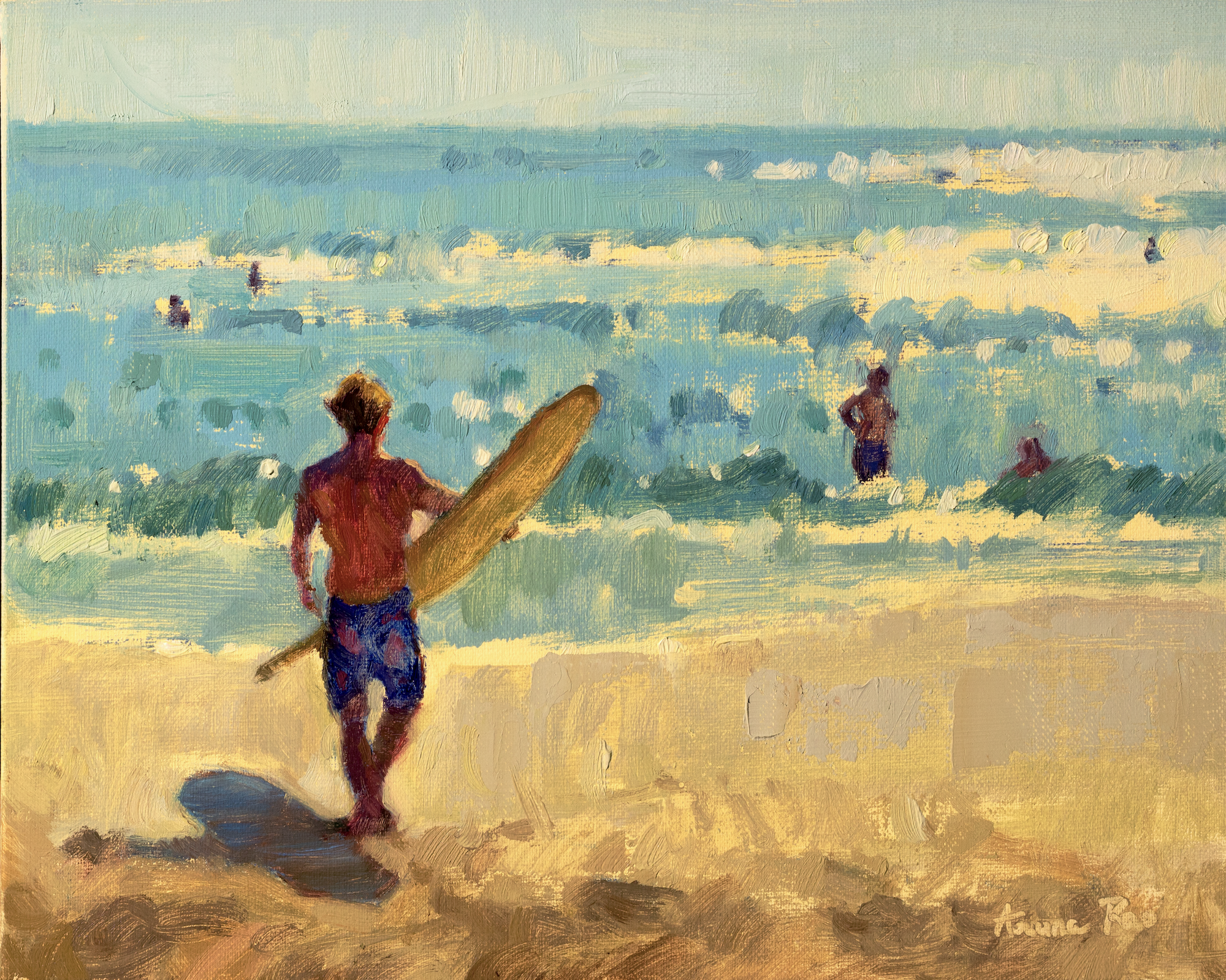 A watercolor painting of a beach scene with a person carrying a surfboard, looking out at the ocean with other people in the water and shoreline, under a light sky.