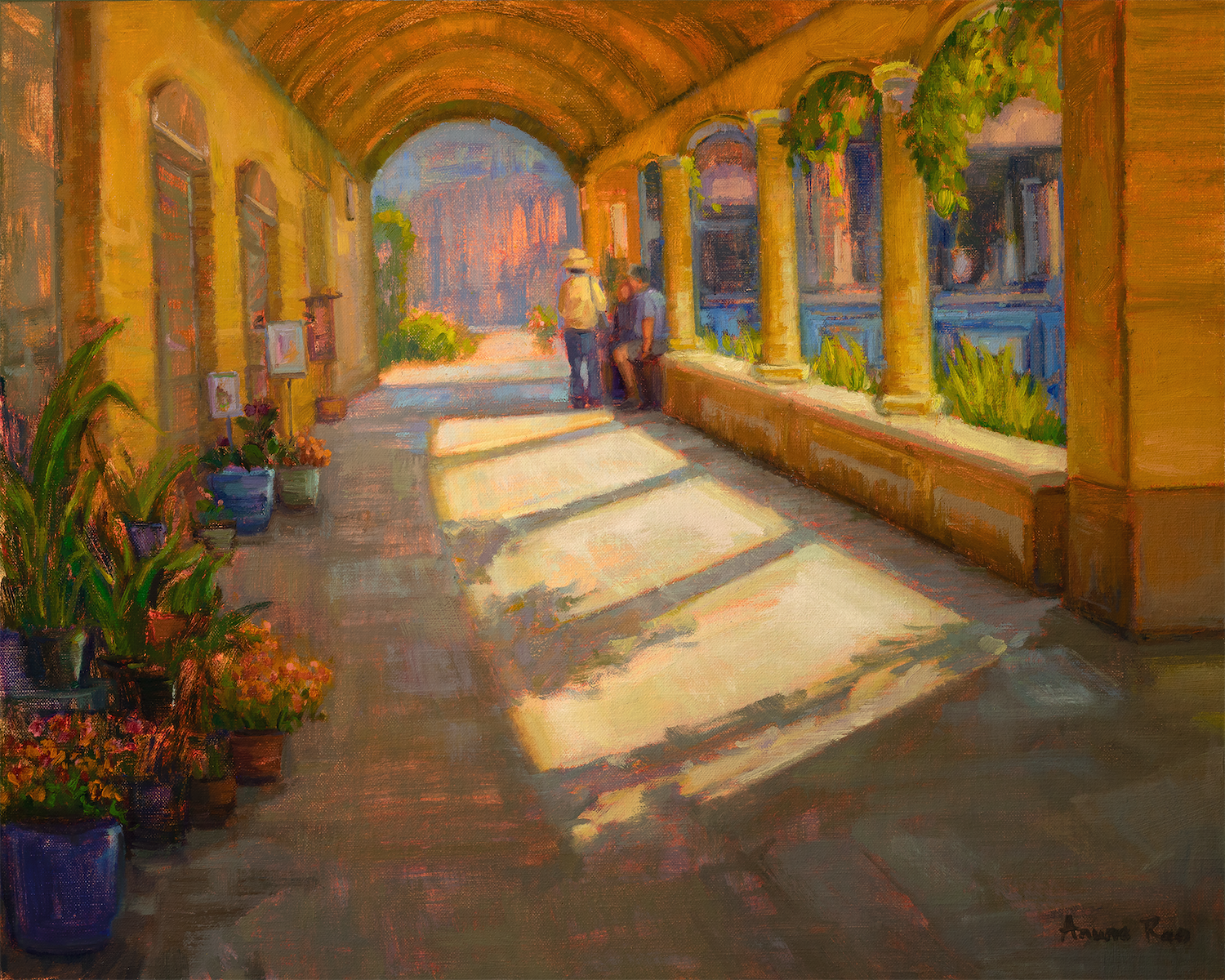 Landscape Oil painting of a sunny courtyard by Florida Artist Aruna Rao sold through 1stDibs
