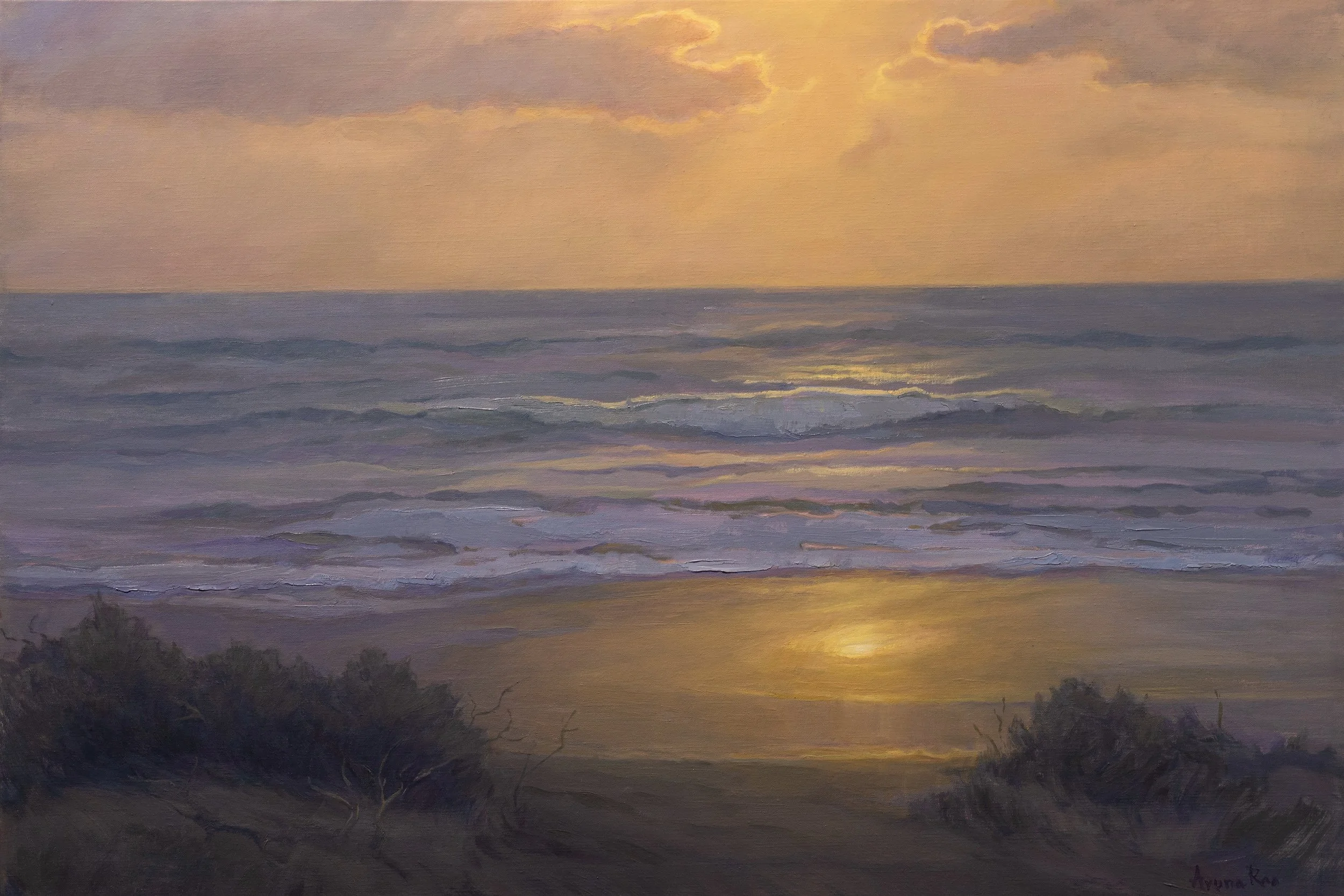 Golden light pools along the shore, shifting from broken glints across the waves into a quieter reflection on the wet sand.

A study in how light changes as it travels: diffused through warm vaporous clouds, textured and fragmented at sea, smooth and