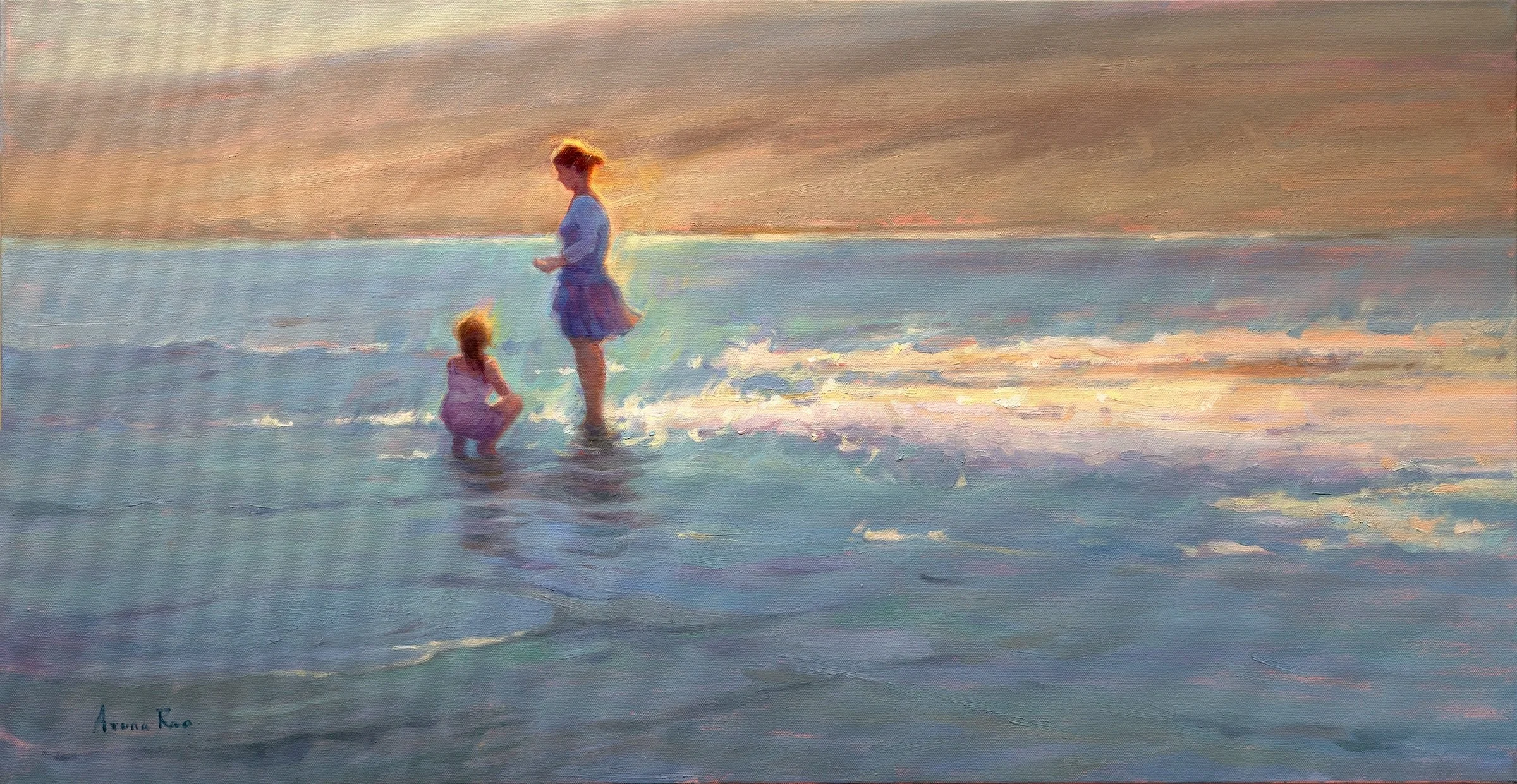 Oil painting of a woman and child standing in shallow ocean water at sunset, soft golden light reflecting across gentle waves and creating luminous shimmer along the shoreline.