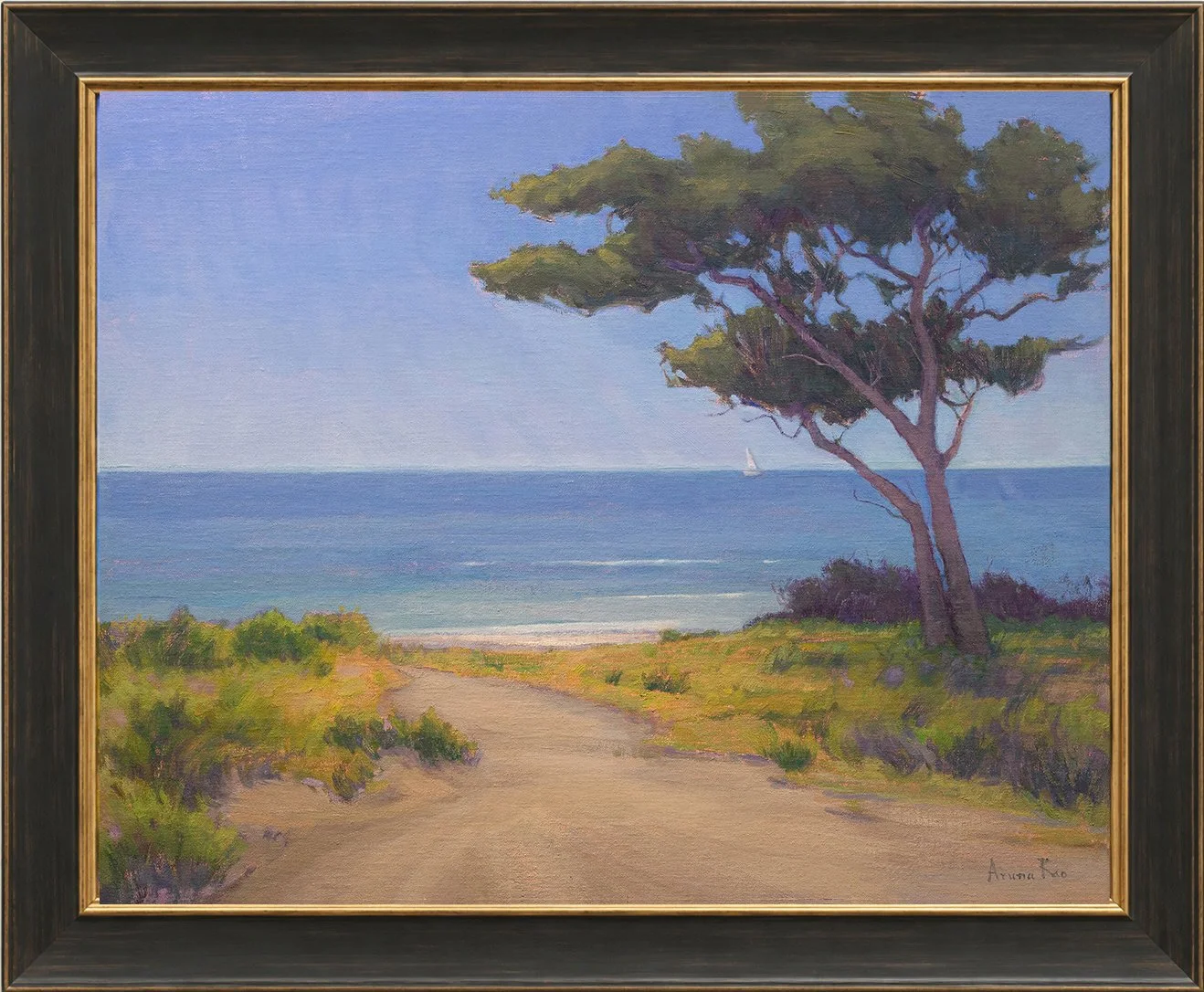 Contemporary coastal oil painting of a sunlit sandy path leading toward blue ocean water, framed by dune grasses and a windswept oak beneath a luminous sky.