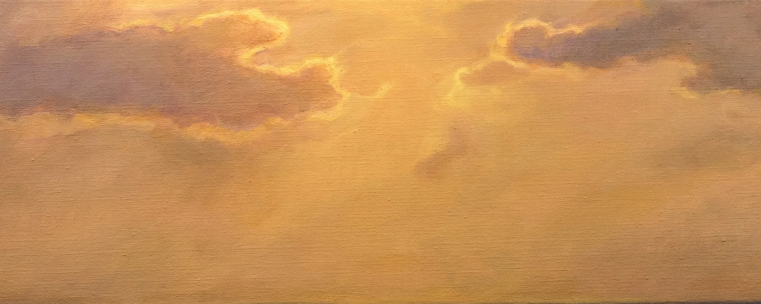 Vaporous golden clouds and diffused coastal light in oil painting