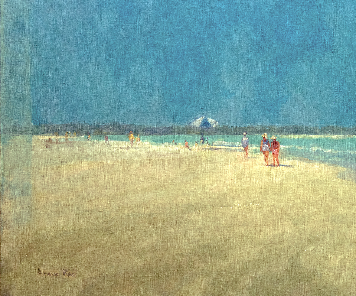 lose-up detail of beach figures and golden sand in Salty Sea Breezes coastal painting by Aruna Rao