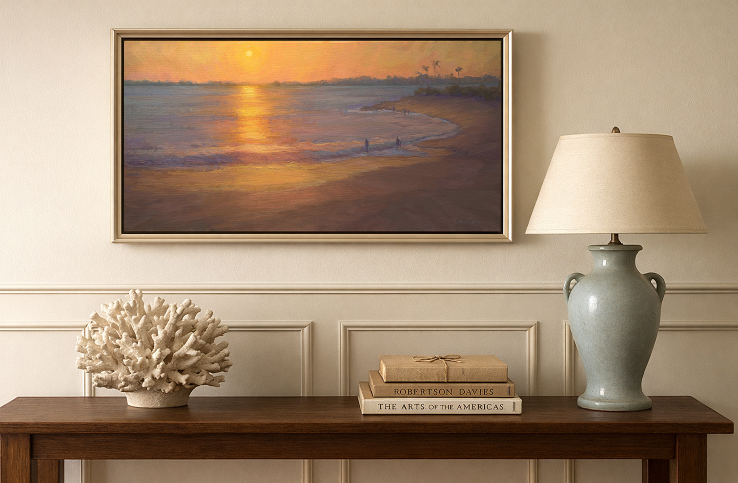 Impressionist Coastal painting of a winter beach scene. The painting depicts a quite beach view warmed by the low sun of winter light.
