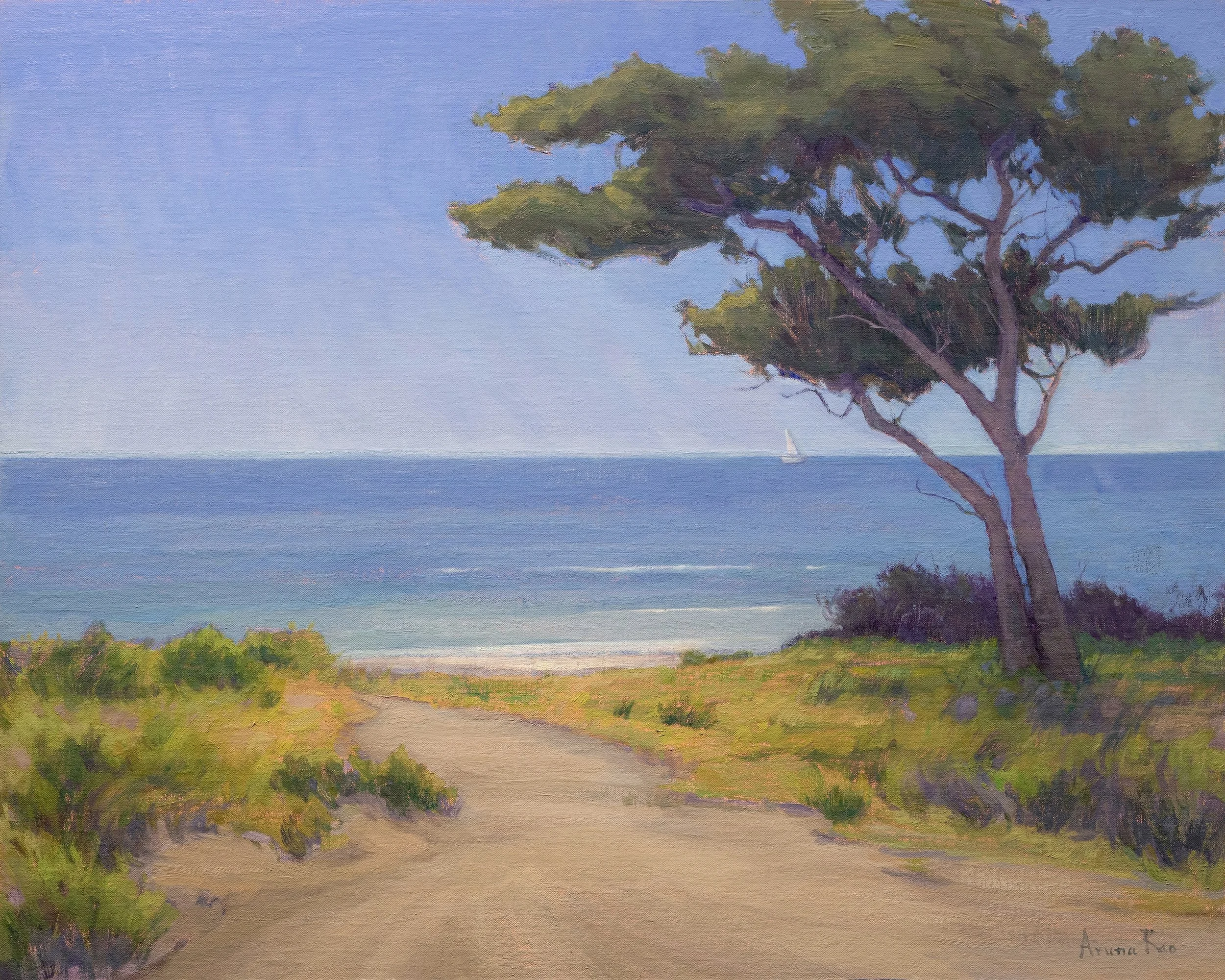 Coastal landscape oil painting with a windswept oak, sandy path, blue ocean and open sky by contemporary impressionist artist Aruna Rao.
