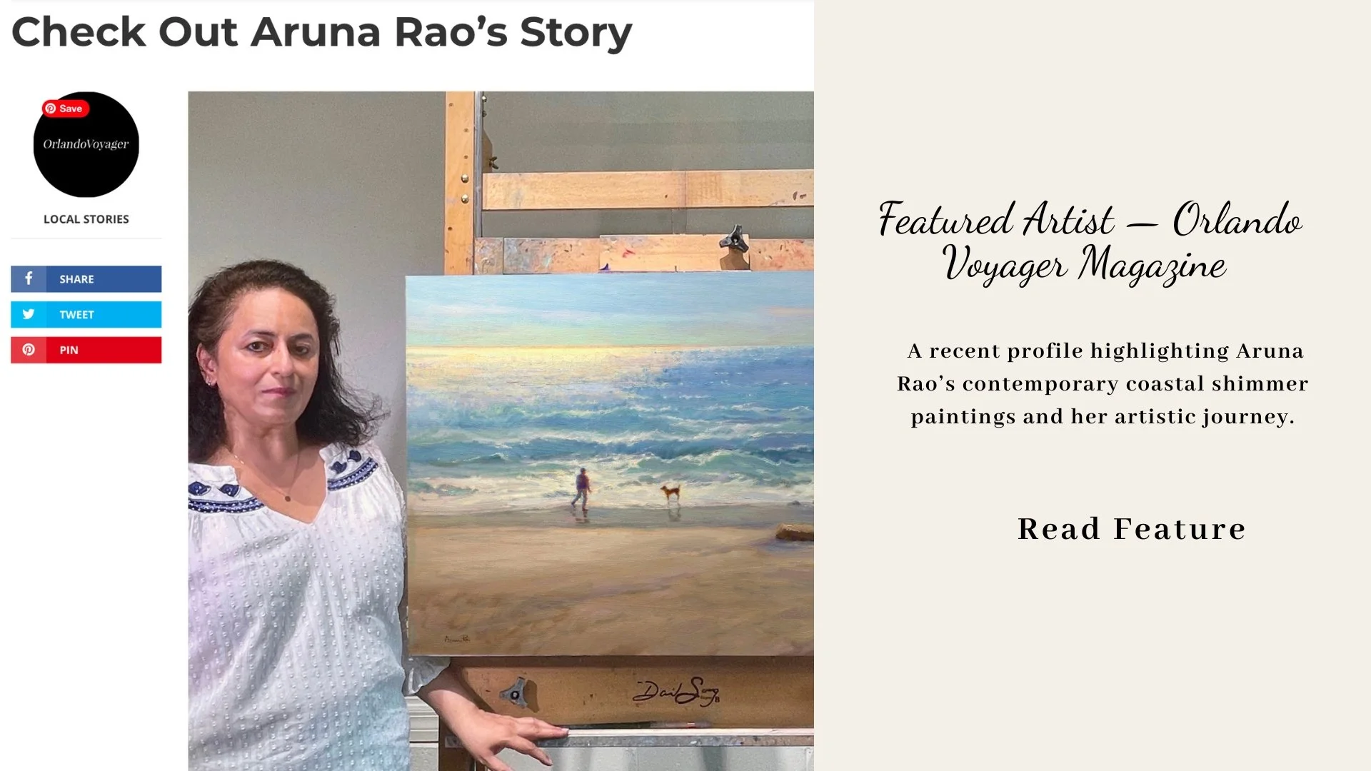 Orlando Voyager Magazine profile of coastal impressionist Aruna Rao, pictured in her studio with a shimmering beach painting on the easel, part of her signature Shimmer Series.
