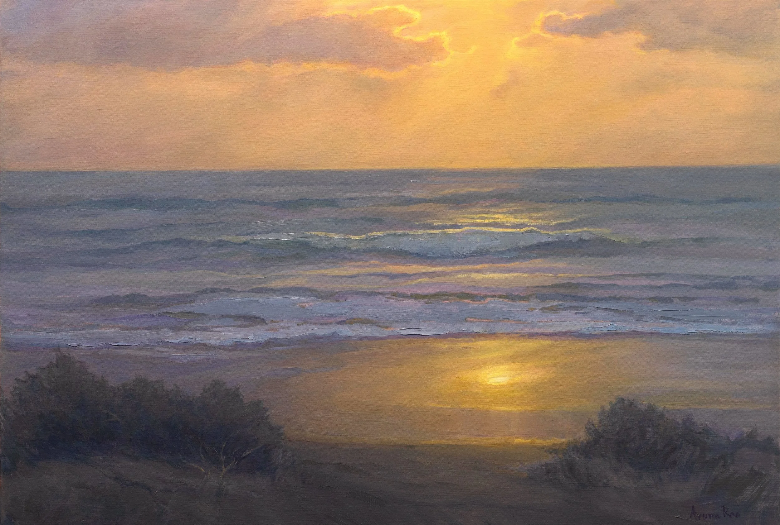 Golden light pools along the shore, shifting from broken glints across the waves into a quieter reflection on the wet sand.

A study in how light changes as it travels: diffused through warm vaporous clouds, textured and fragmented at sea, smooth and