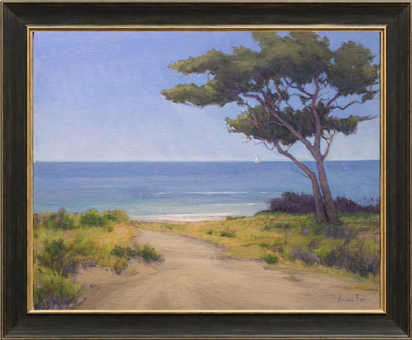 Contemporary coastal oil painting of a sunlit sandy path leading toward blue ocean water, framed by dune grasses and a windswept oak beneath a luminous sky.
