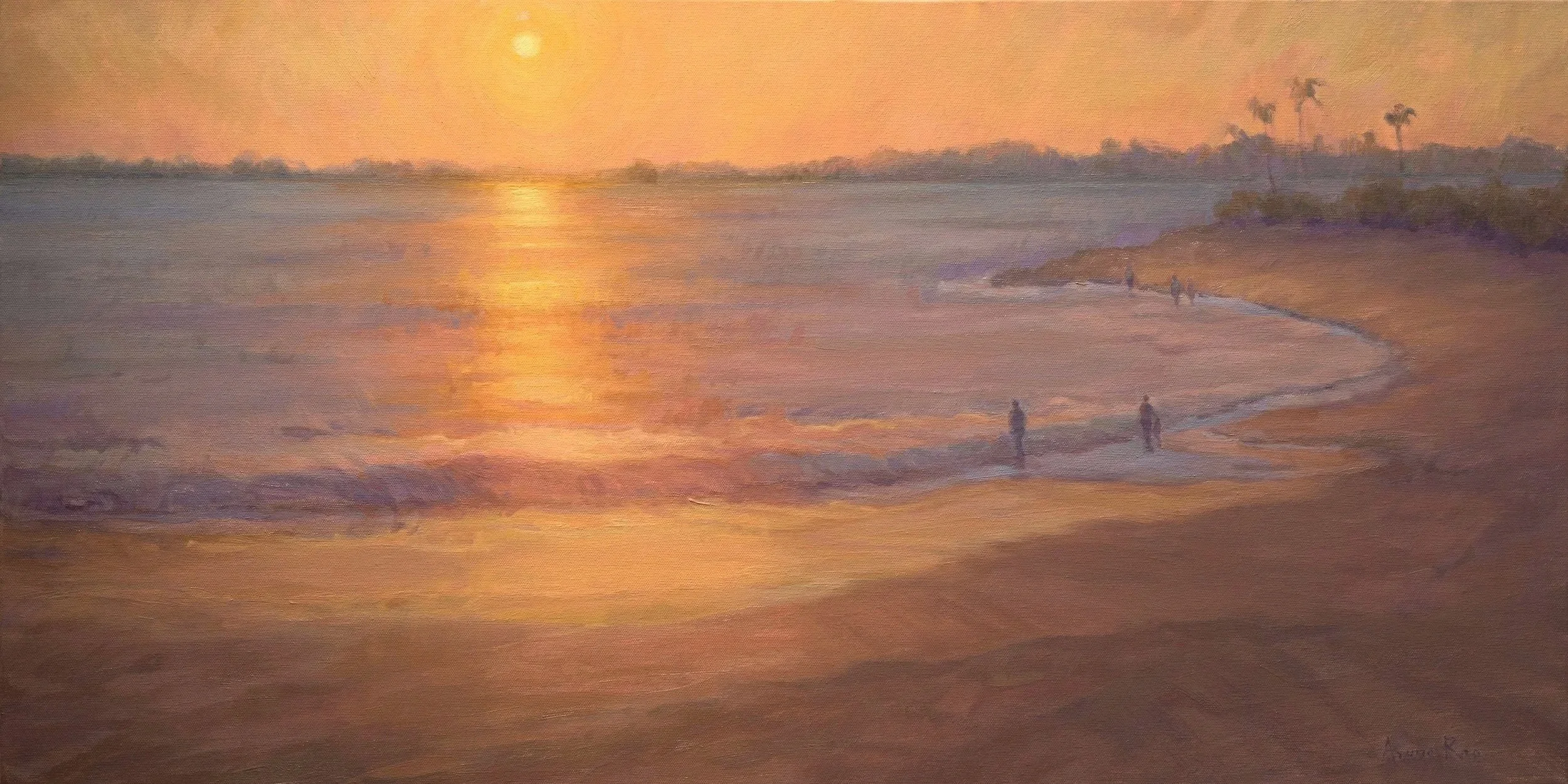 Winter Sun, coastal oil painting by Aruna Rao featuring beachgoers walking along a sunlit shoreline, with golden winter light shimmering across the water.