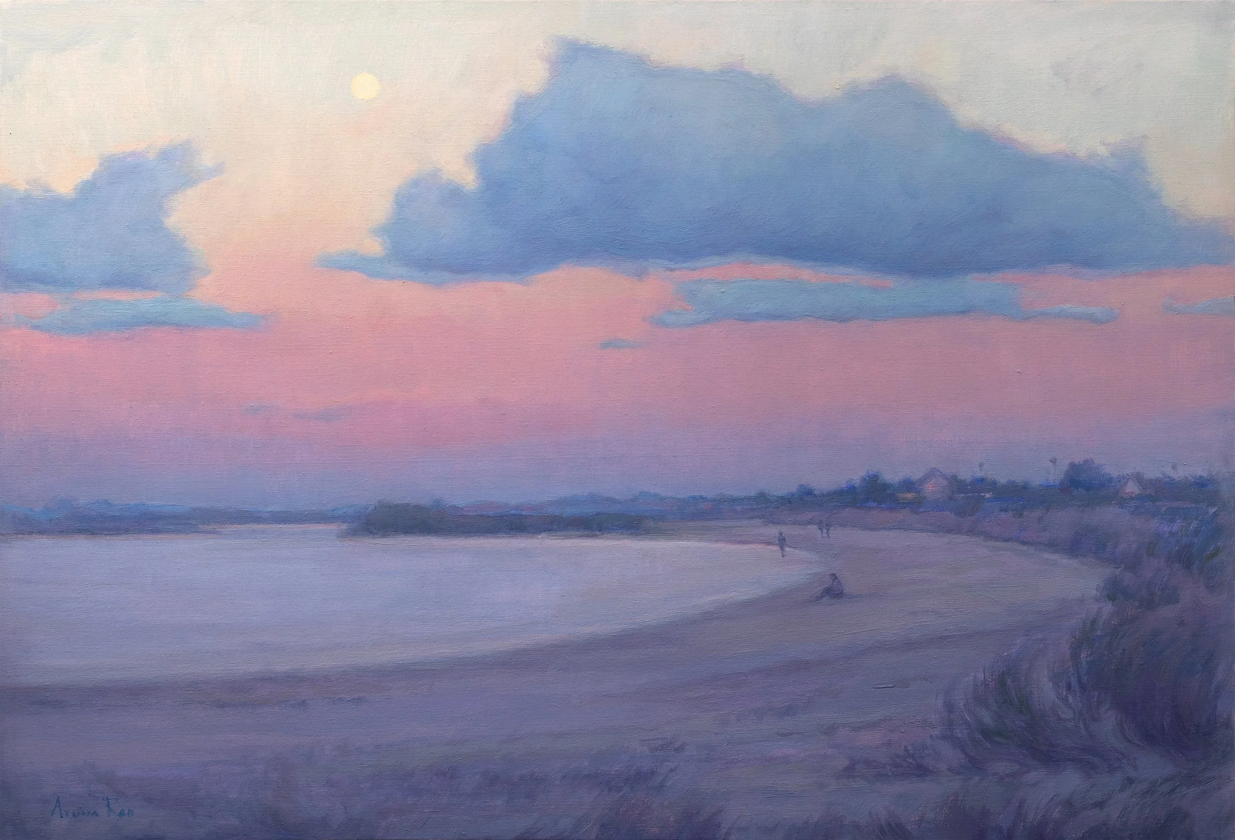 Stay Until Moonrise is an atmospheric coastal oil painting by Aruna Rao, capturing a quiet beach at twilight beneath violet-blue clouds and a rising moon.