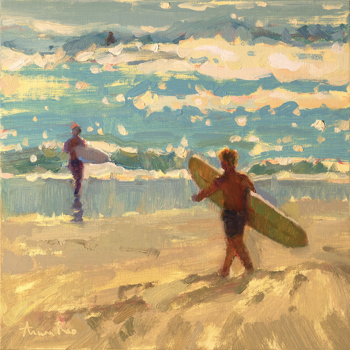 Painting of two surfers on a beach, one walking with a surfboard and the other entering the water, at sunset with colorful sky and waves.