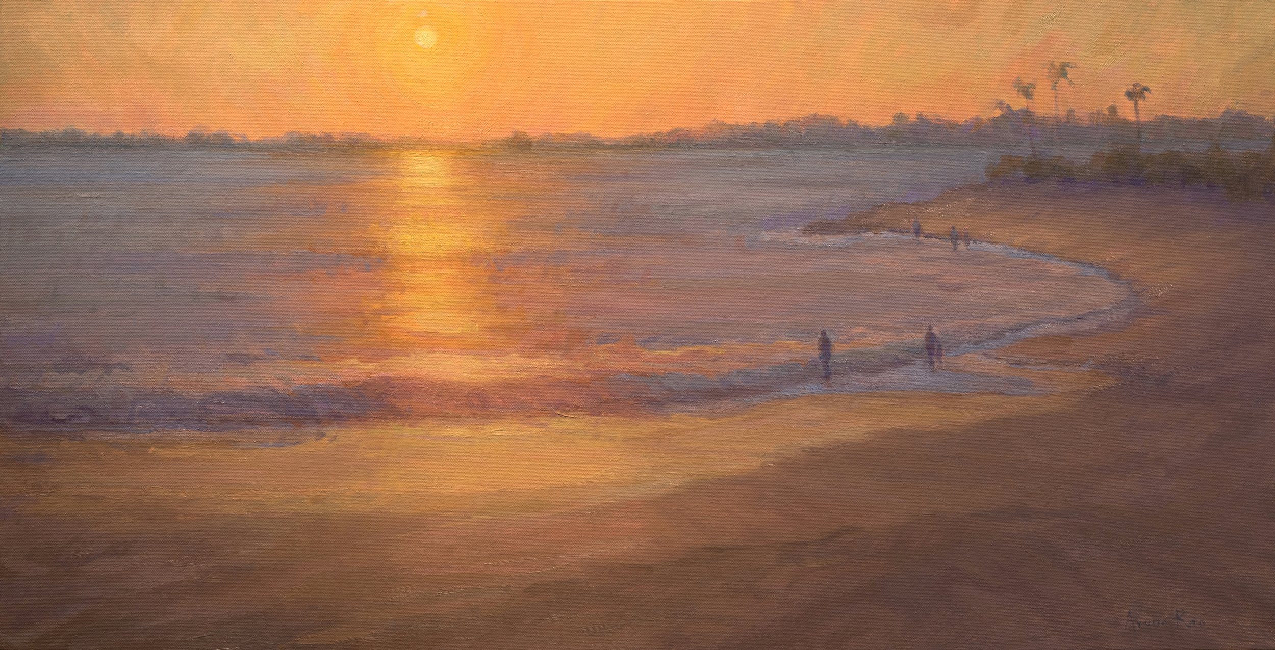 Oil painting of a coastal shoreline at sunset with warm golden light shimmering across the water, small figures walking along the beach, and soft waves catching light under a glowing sky.