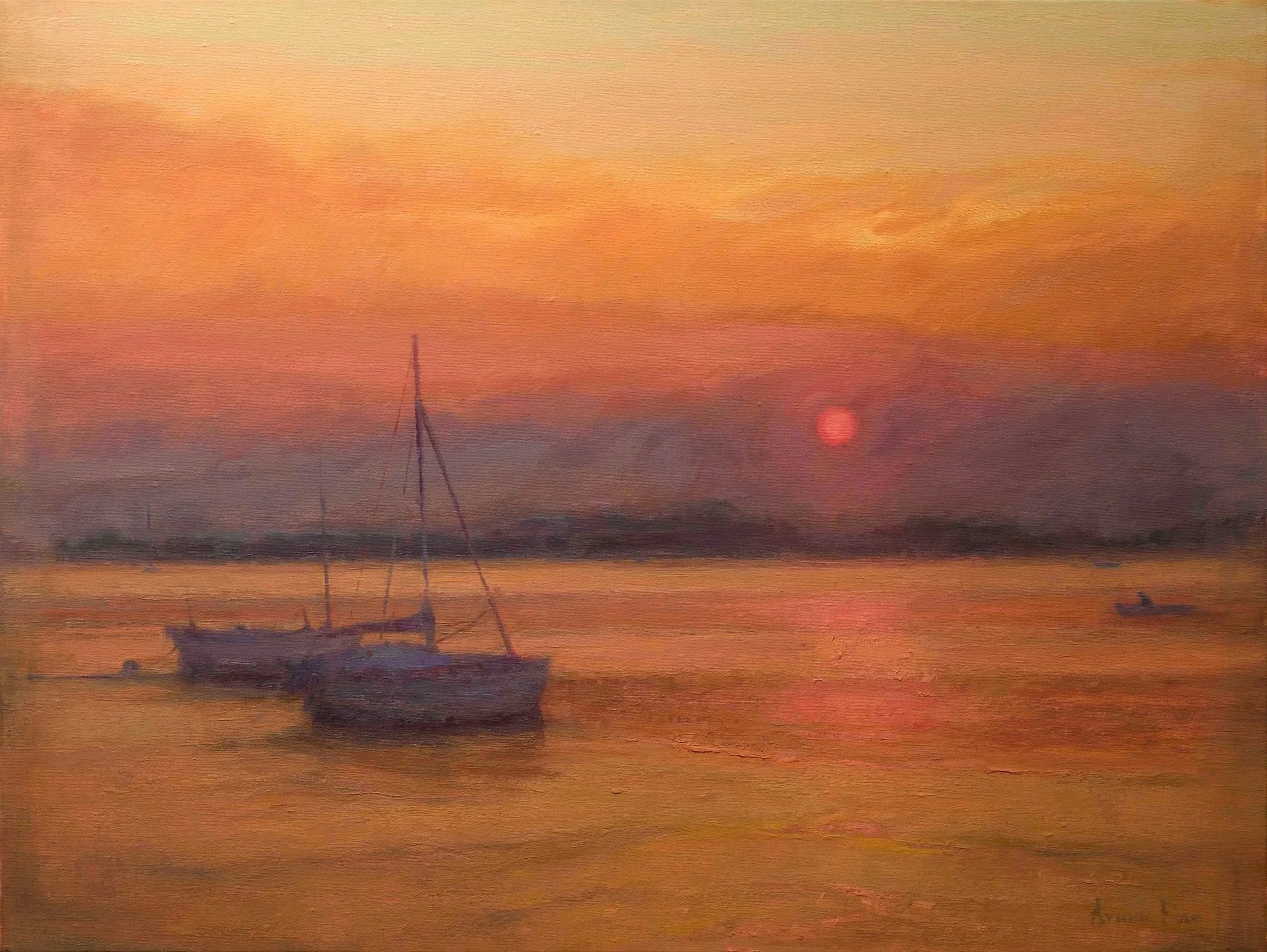 Atmospheric coastal sunset painting featuring sailboats resting on calm water beneath a glowing orange sky, capturing the quiet transition between day and evening.