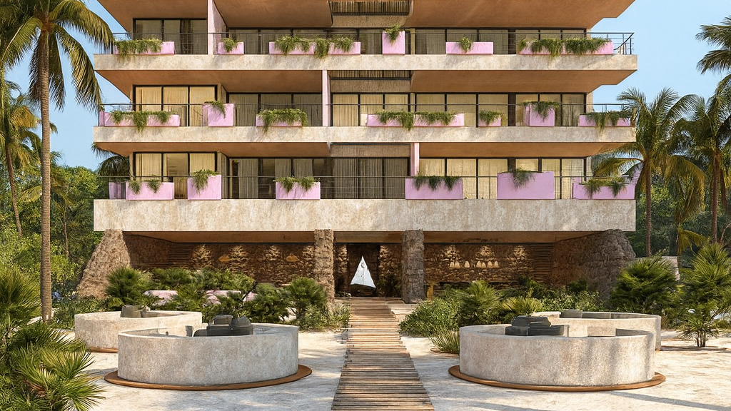 Edificio moderno de varios pisos en un entorno tropical con palmeras, plantas en macetas rosas en los balcones y un camino de madera en el jardín.